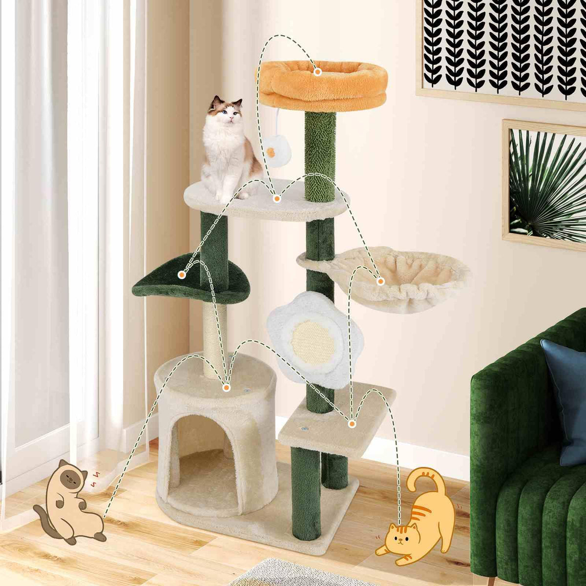 Cute Flower Cat Tree for Indoor w/Plush Top Perch