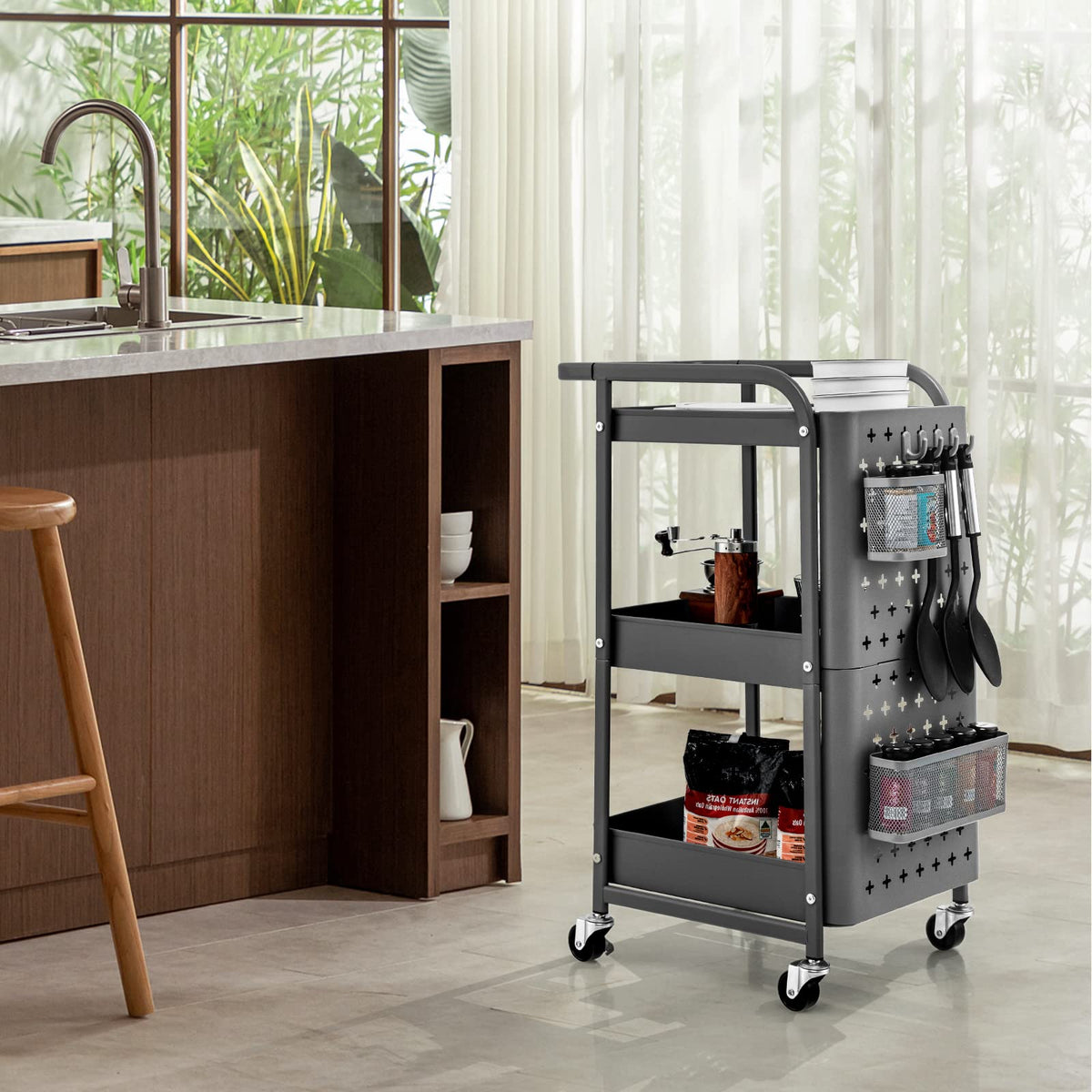 3-Tier Rolling Cart, Storage Trolley Organizer w/DIY Dual Pegboards, 2 Baskets, 4 Removable Hooks