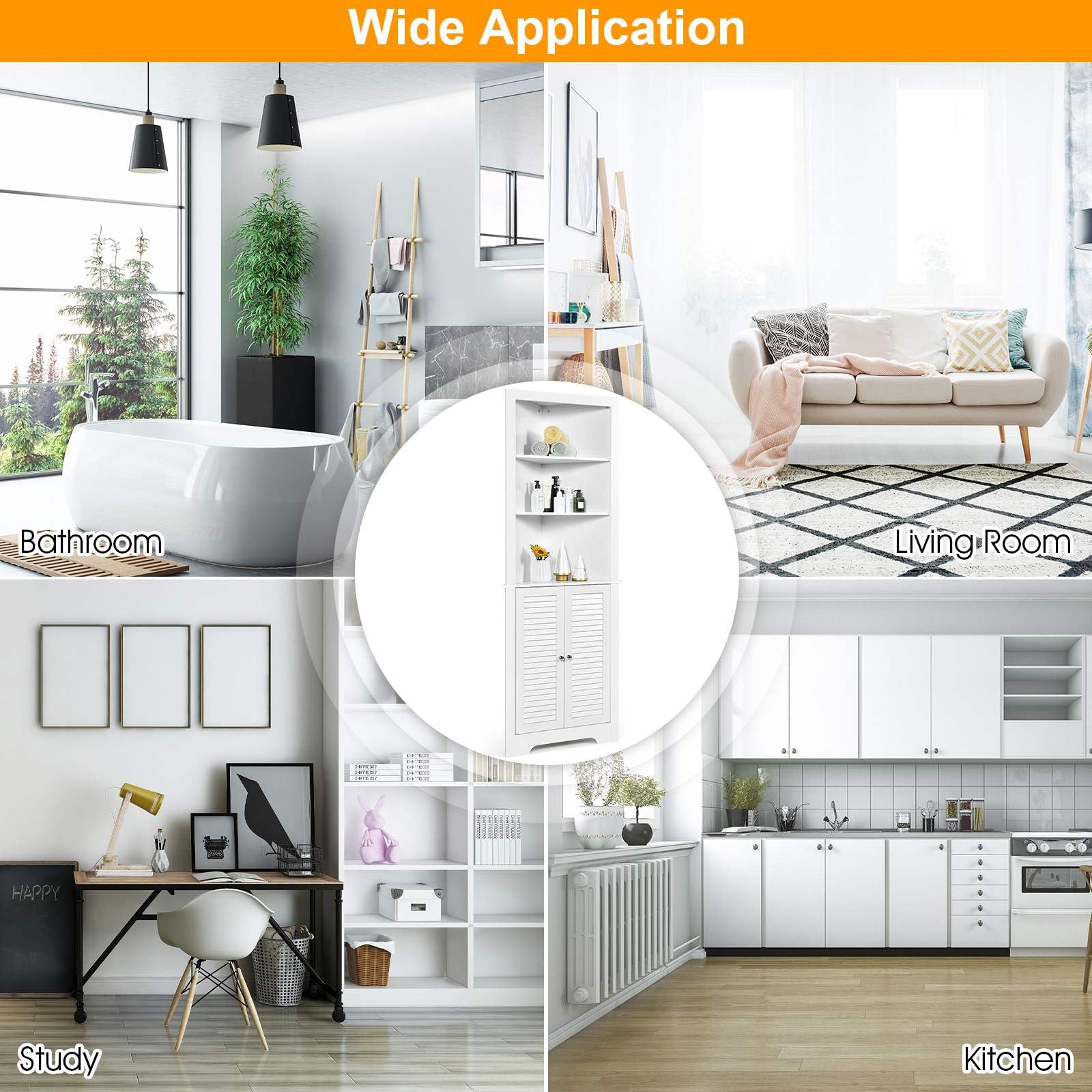 Bathroom Corner Tall Storage Cabinet w/ 3 Open Shelves Storage Organizer White