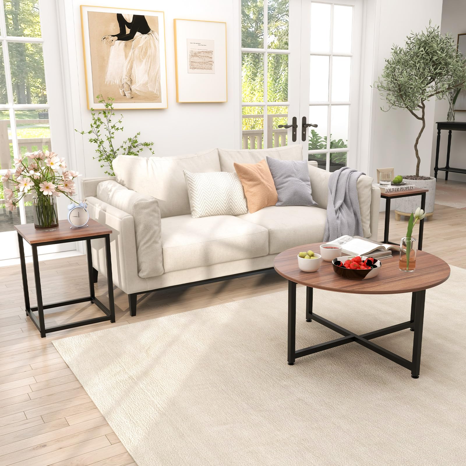 ound Coffee Table and 2PCS Square End Tables with Heavy-Duty Metal Frame