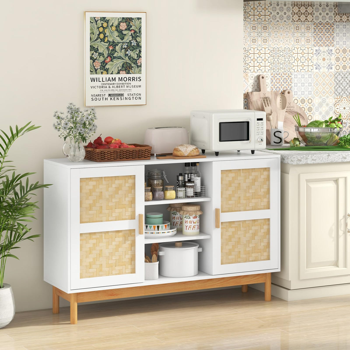 Giantex 120cm Sideboard Buffet Cabinet, Floor Storage Cabinet with 2 Bamboo Woven Doors