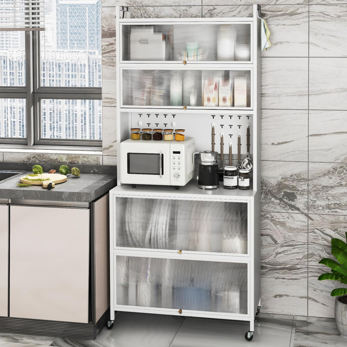 6-Tier Kitchen Pantry Cabinet, Buffet Cabinet with Hutch, Flip Doors, Microwave Countertop