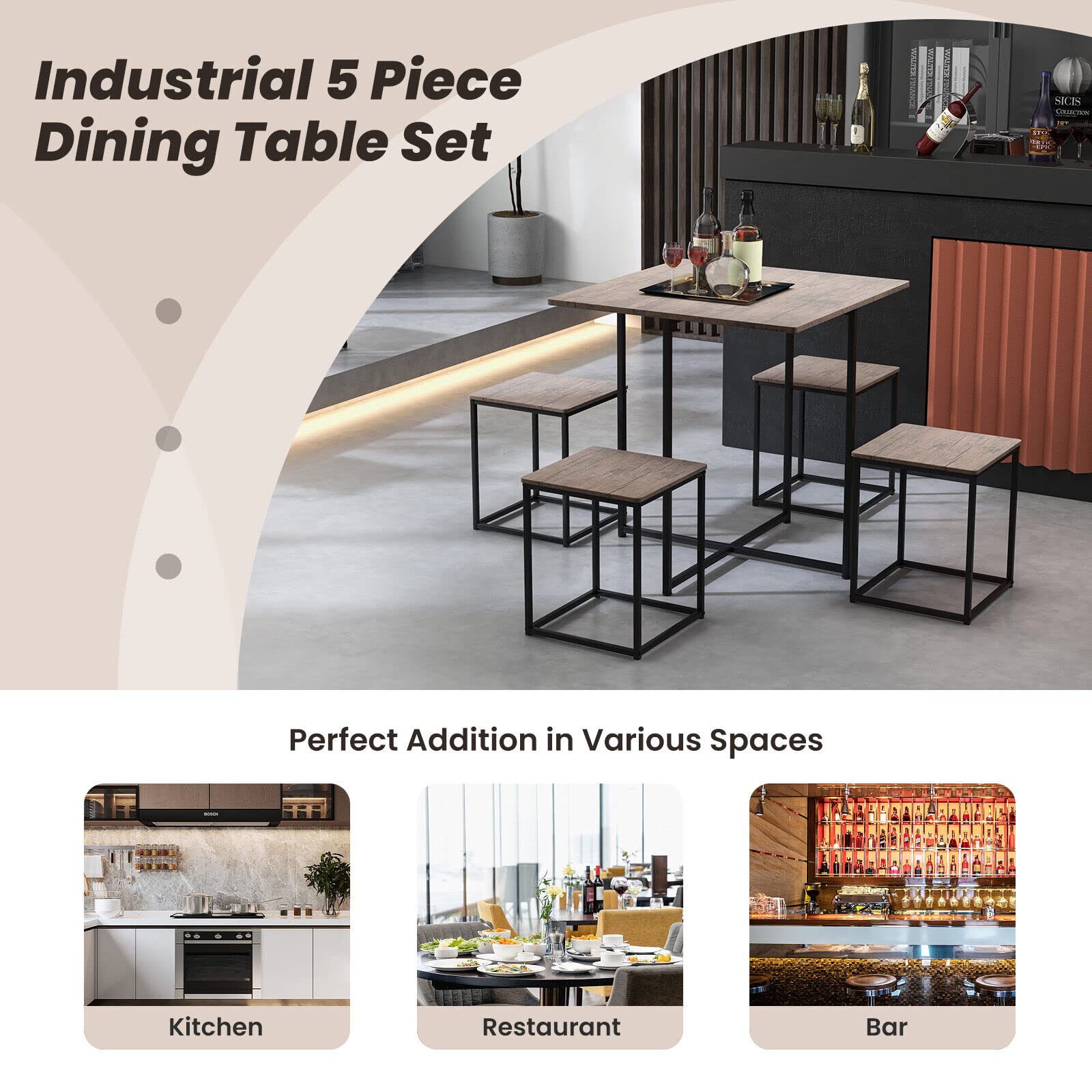 Giantex 5 Piece Dining Table and Chair Set, Industrial Kitchen Table Set with 4 Stools , Gray