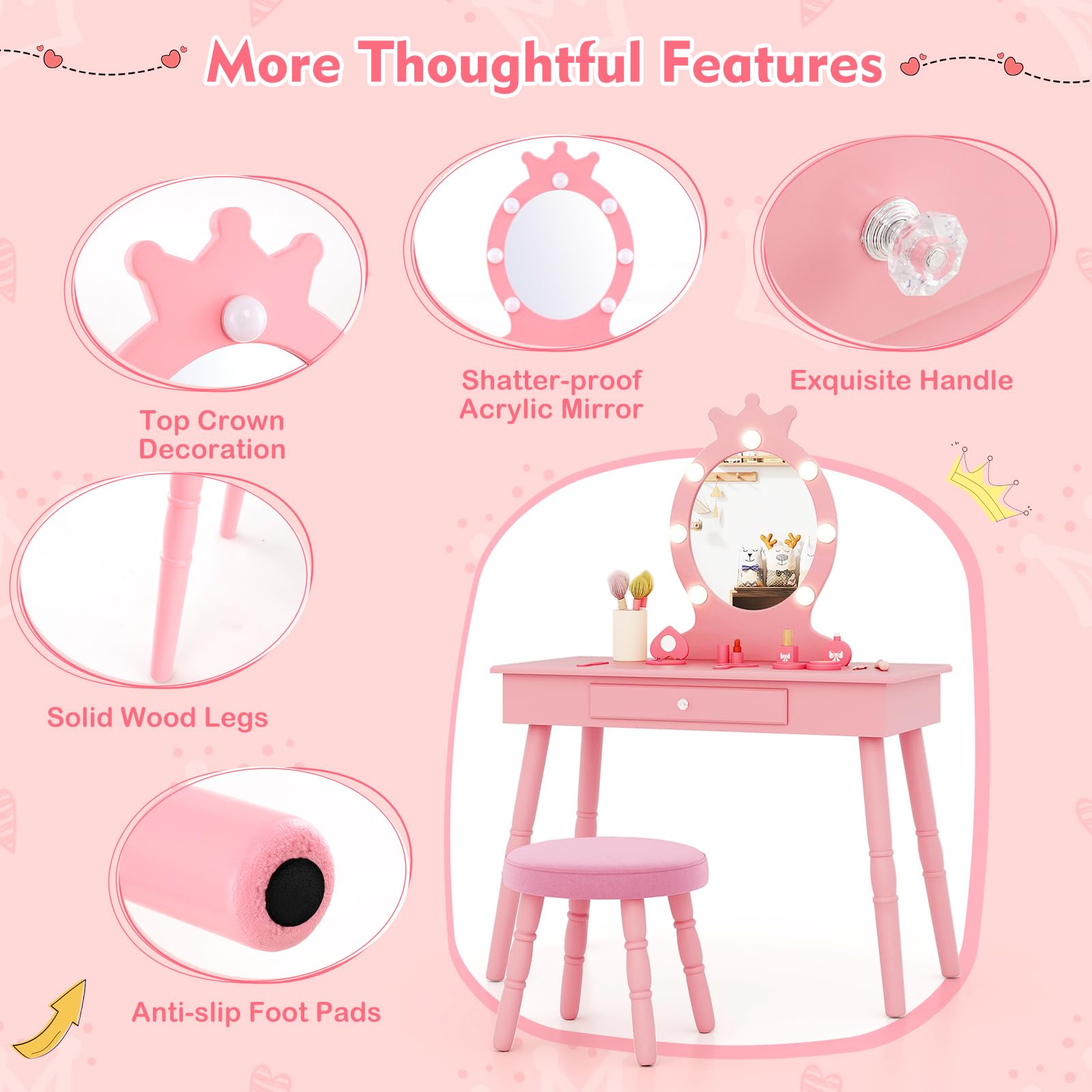 HONEY JOY Kids Vanity Set with LED Lighted Mirror & Stool