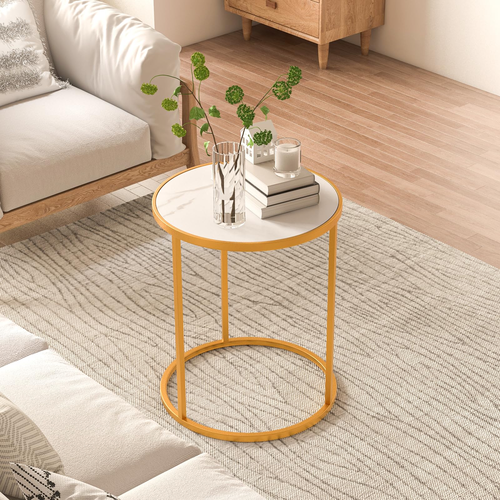 Round Side Table, 40 x 40cm End Table w/Marble Top & Golden Metal Frame