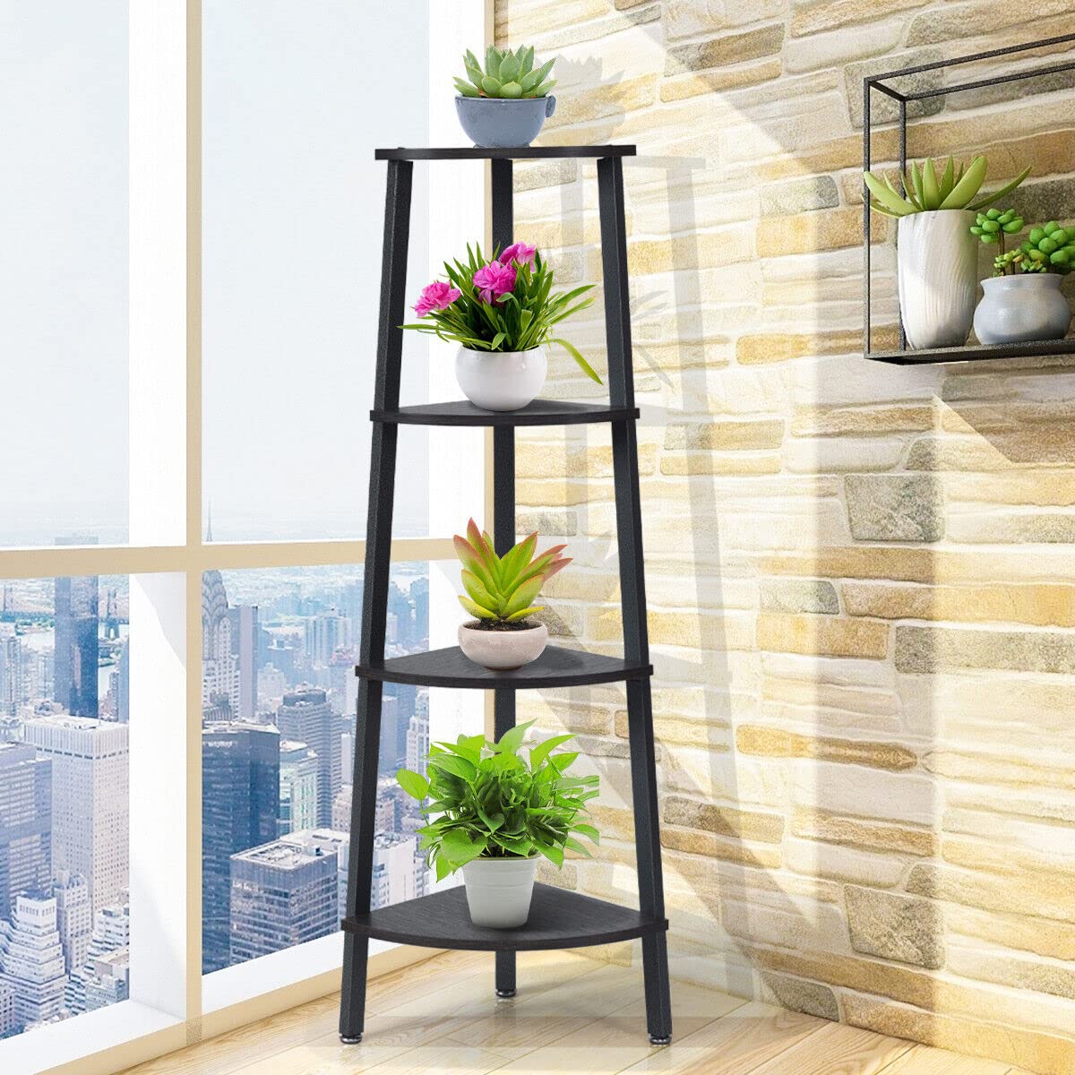 Giantex 4-Tier Corner Shelf, Lightweight Wood Look Organizer w/Metal Frame, Multipurpose Storage Shelf