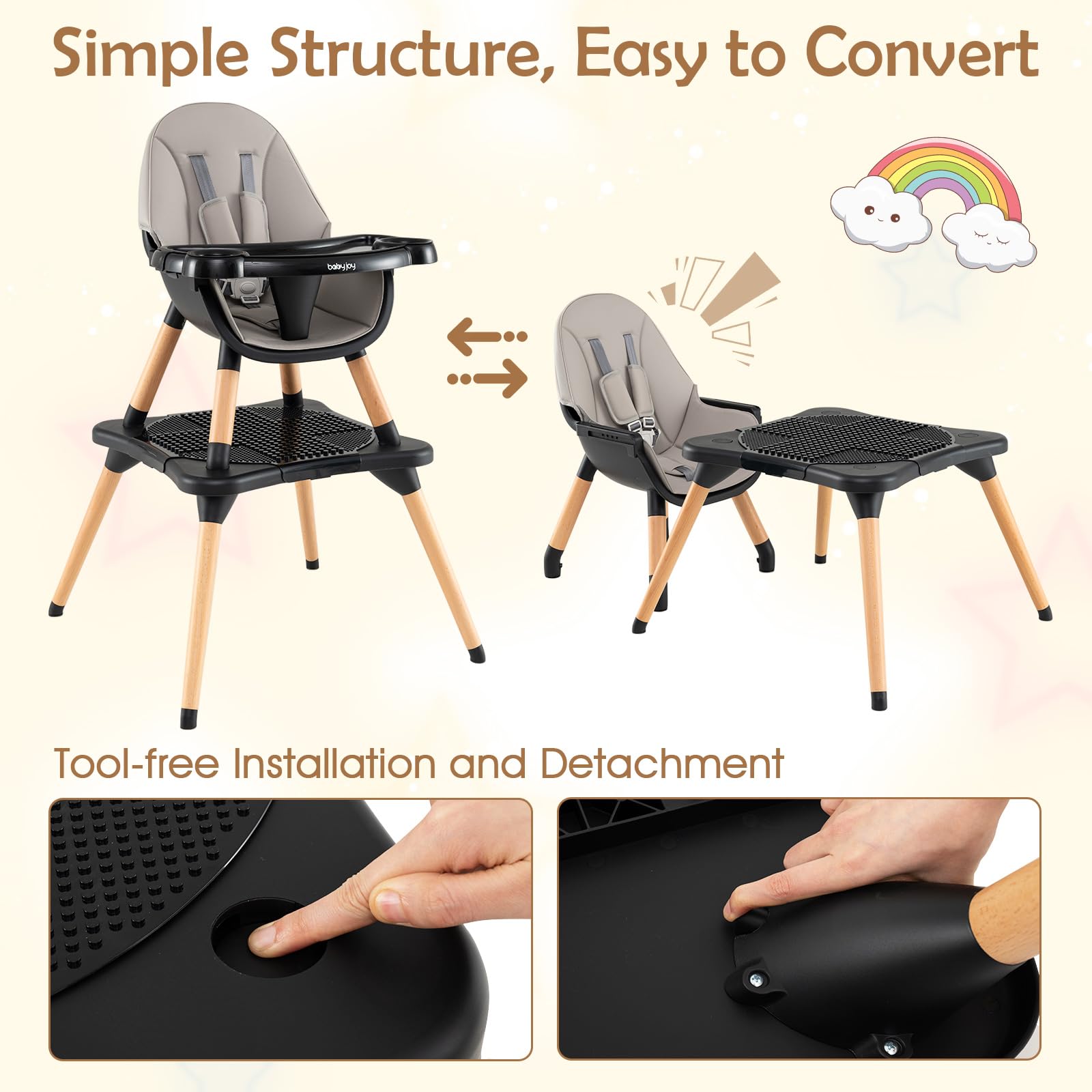 Convertible Table Chair Set w/Building Block Table, Safety Harness, Removable Tray