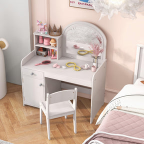 Kids Vanity Table with Stool, Children Makeup Table & Chair Set with 2-Color LED Lights, Mirror, Shelves