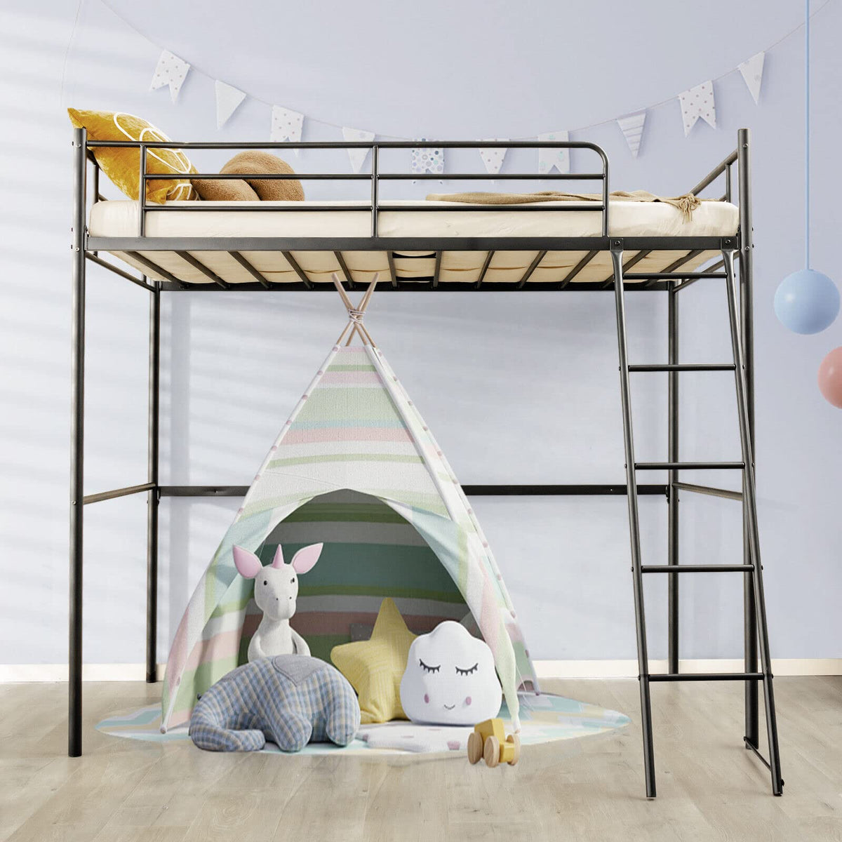Loft Bed with Ladder, Heavy-Duty Steel Bed Frame with High Guard Rails, Versatile Bed Frame with Ample Underneath Floor Space for Working & Relaxation