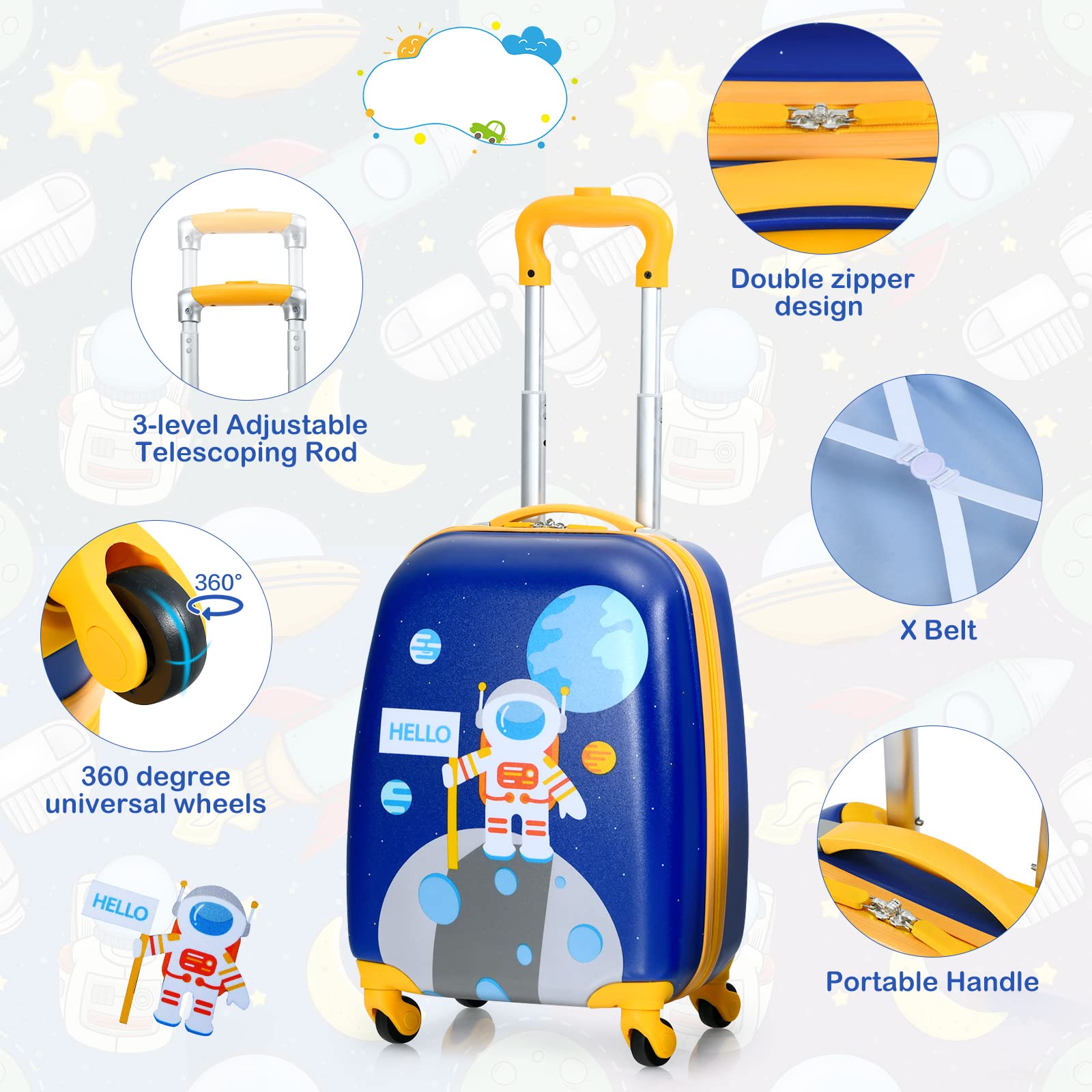 2 PCS Kids Luggage Set, 13" & 16" Kids Carry On Suitcase Set, Children Travel Rolling Trolley Suitcase