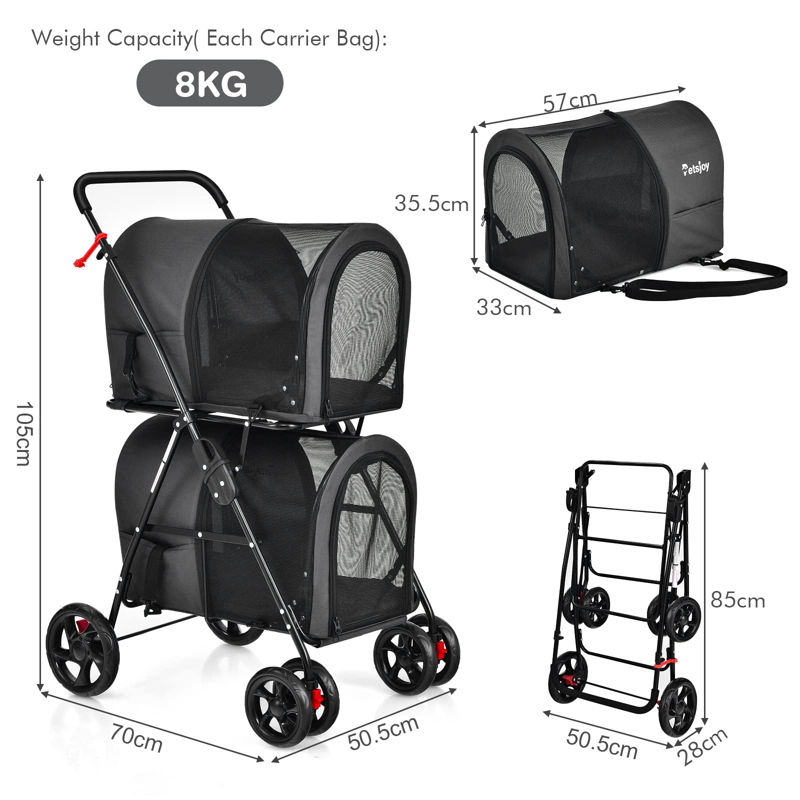 4-in-1 Double Layer Pet Stroller, Foldable Cat Dog Stroller on Wheels