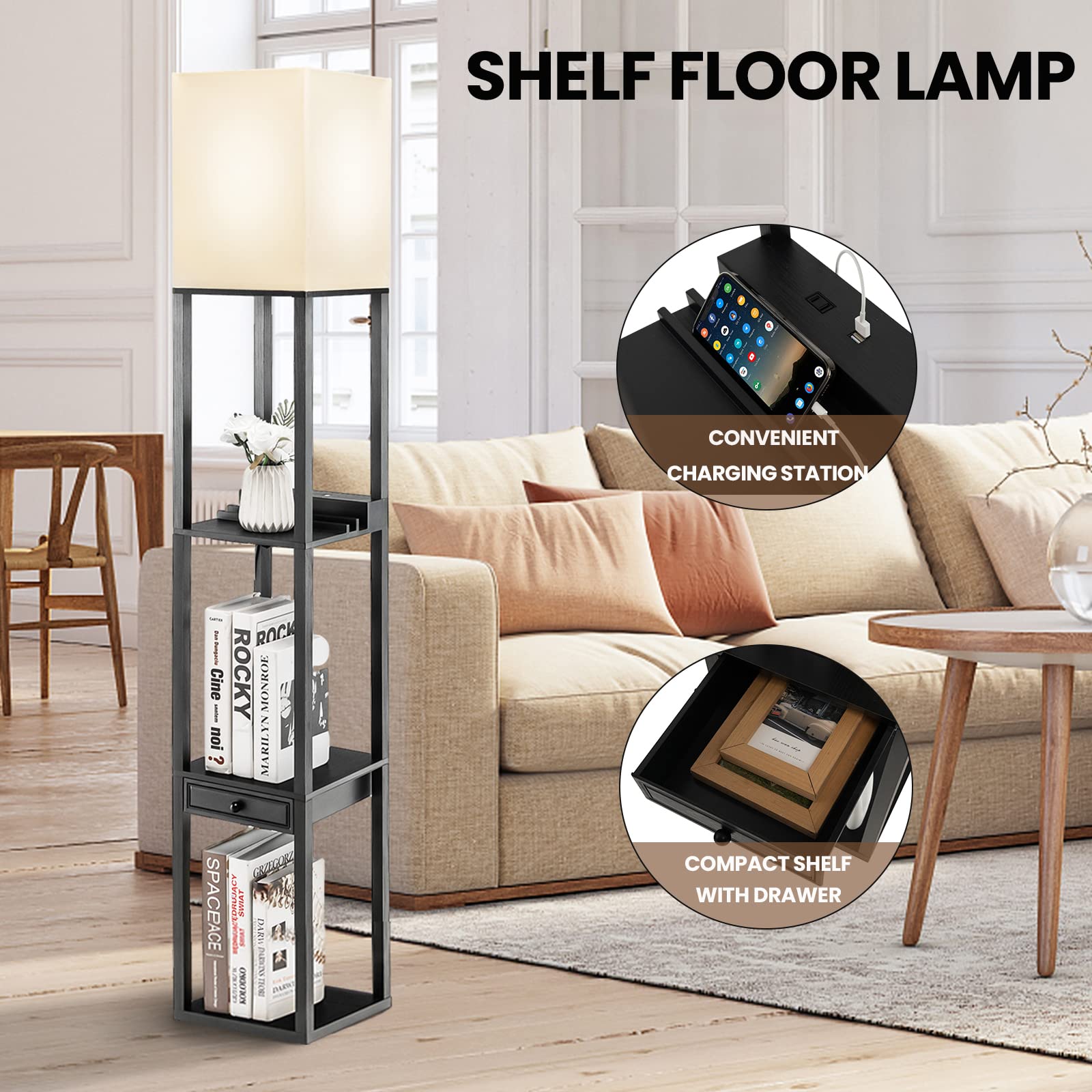 Modern Shelf Floor Lamp, Dimmable Standing Lamp Shelf w/ 1 Drawer & 1 USB Port