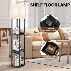 Modern Shelf Floor Lamp, Dimmable Standing Lamp Shelf w/ 1 Drawer & 1 USB Port