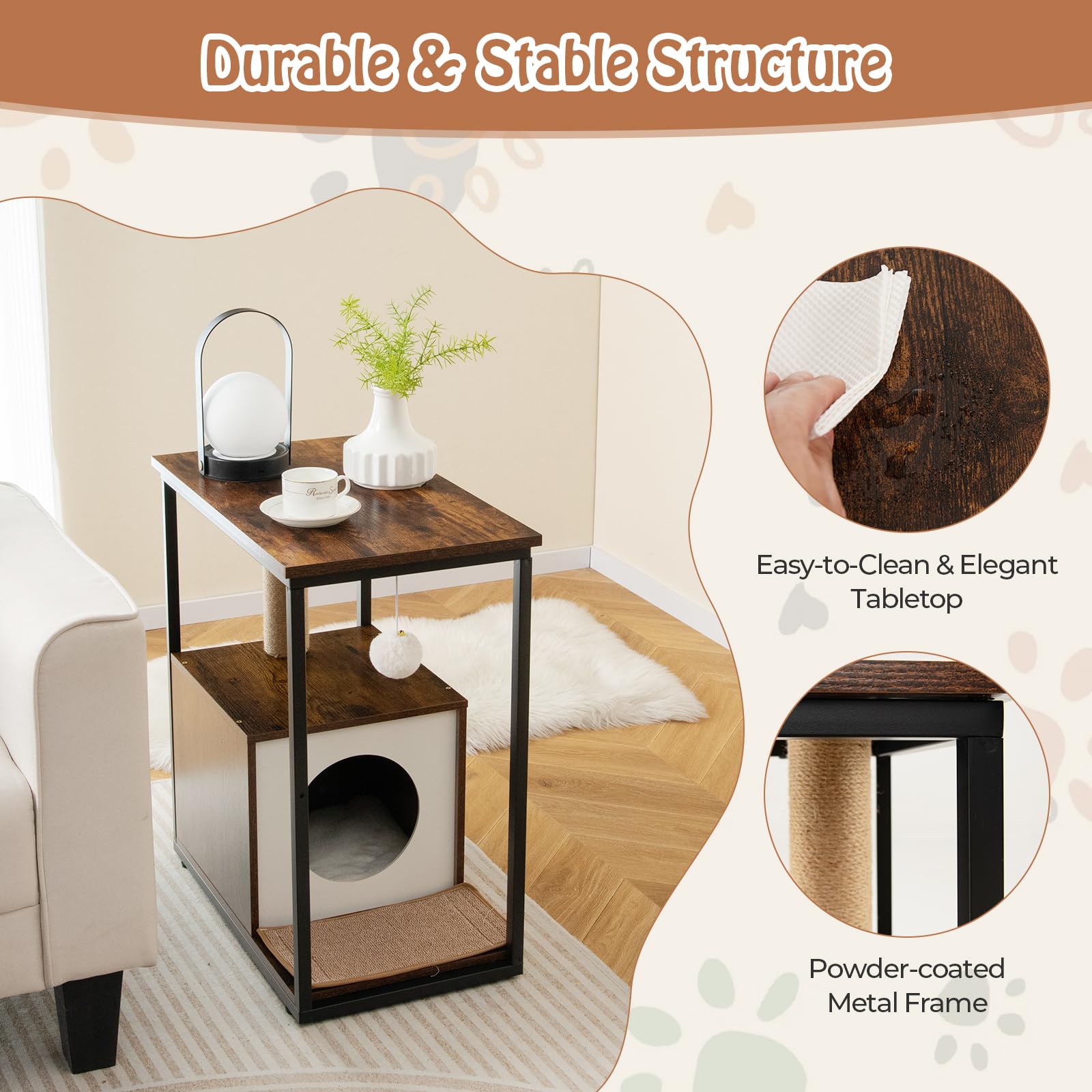 Cat Furniture End Table, Cat House for Indoor Cats w/Scratching Post