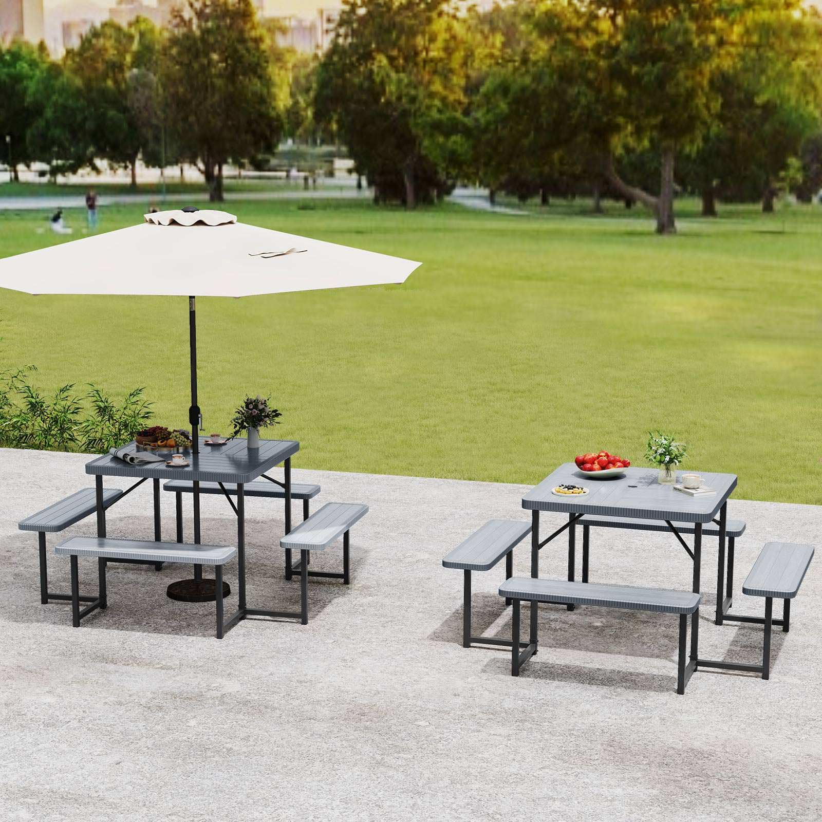 Outdoor Square Camping Dining Table & 4 Benches w/Umbrella Hole
