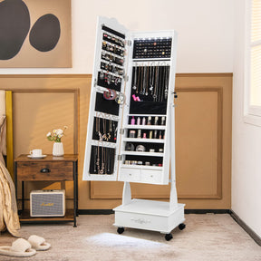 Giantex Jewelry Armoire with Full Length Mirror, Standing Lockable Jewelry Cabinet with Built-in LED Lights