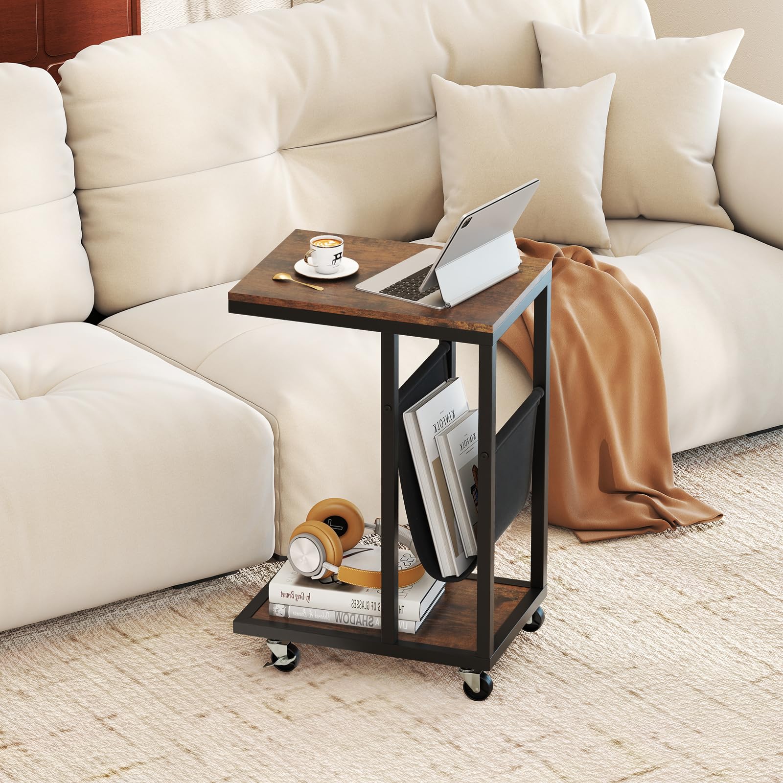 C-Shaped Side Table on Wheels