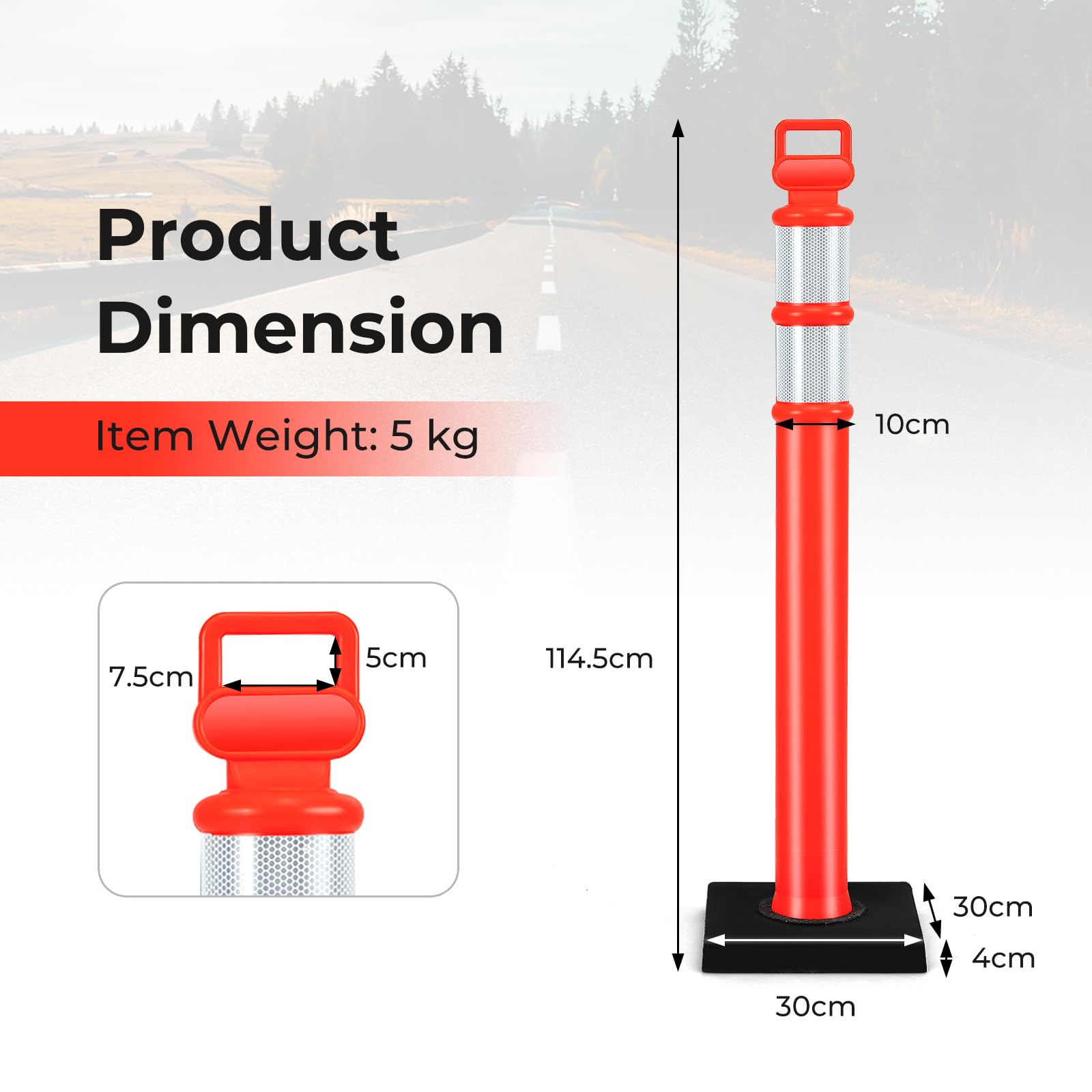 3 Pack Traffic Delineator Post, 114.5 cm Safety Traffic Barrier with Rubber Base