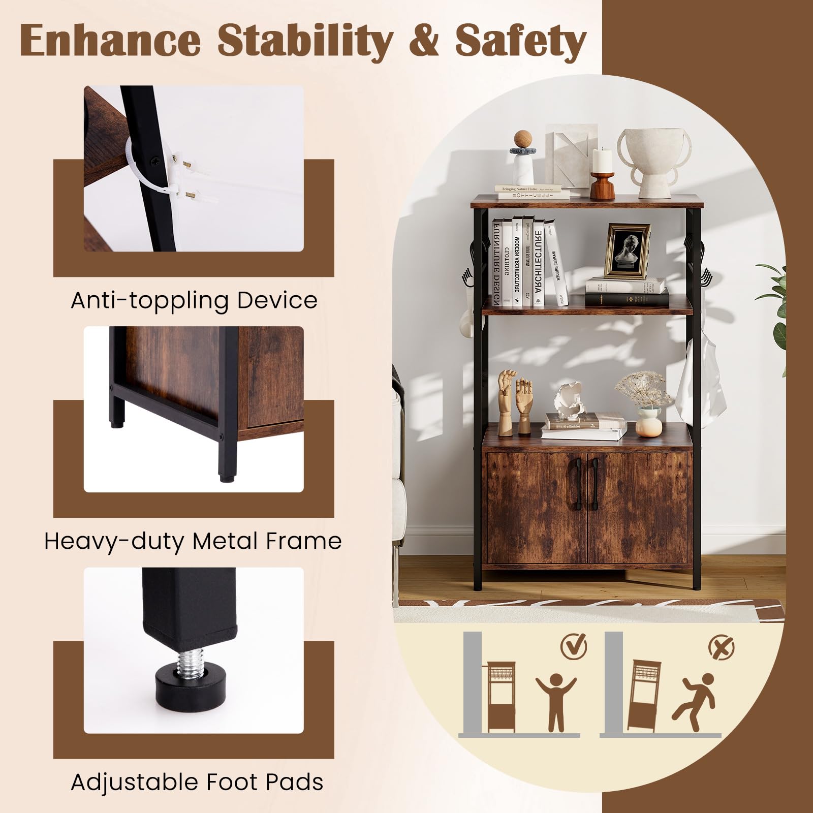 Industrial Kitchen Baker’s Rack 3-Tier Pantry Cabinet Microwave Oven Stand