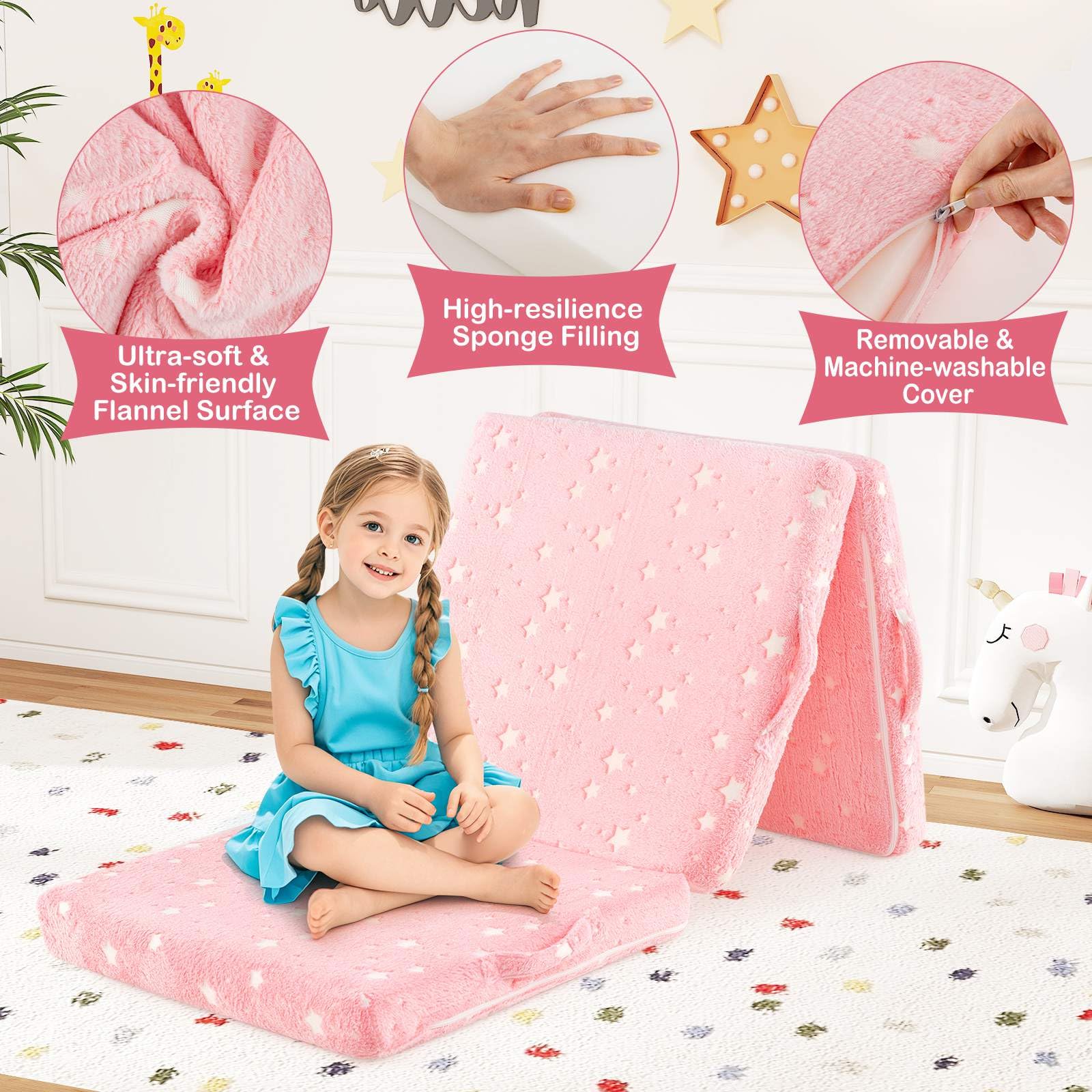 Foldable Floor Mattress for Kids, Glow in The Dark Toddler Floor Nap Mat w/Washable Flannel Cover
