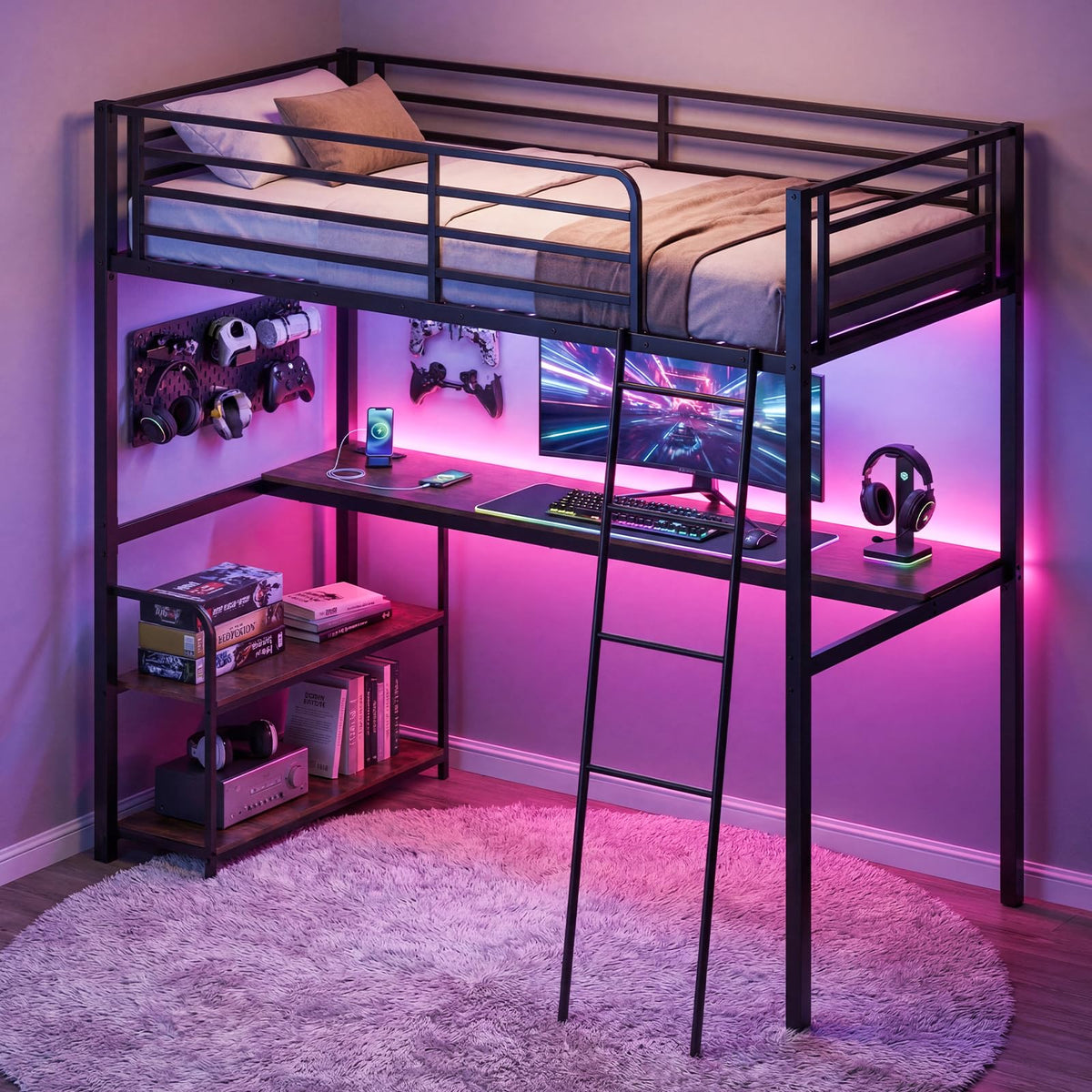 Loft Bed Single Size with Desk, 2-in-1 Metal Loft Bed Frame with Charging Station, Desk and 2 Shelves