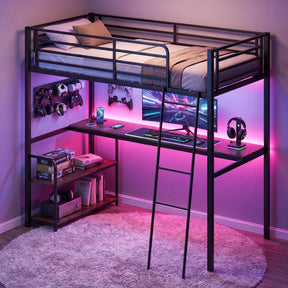 Loft Bed Single Size with Desk, 2-in-1 Metal Loft Bed Frame with Charging Station, Desk and 2 Shelves