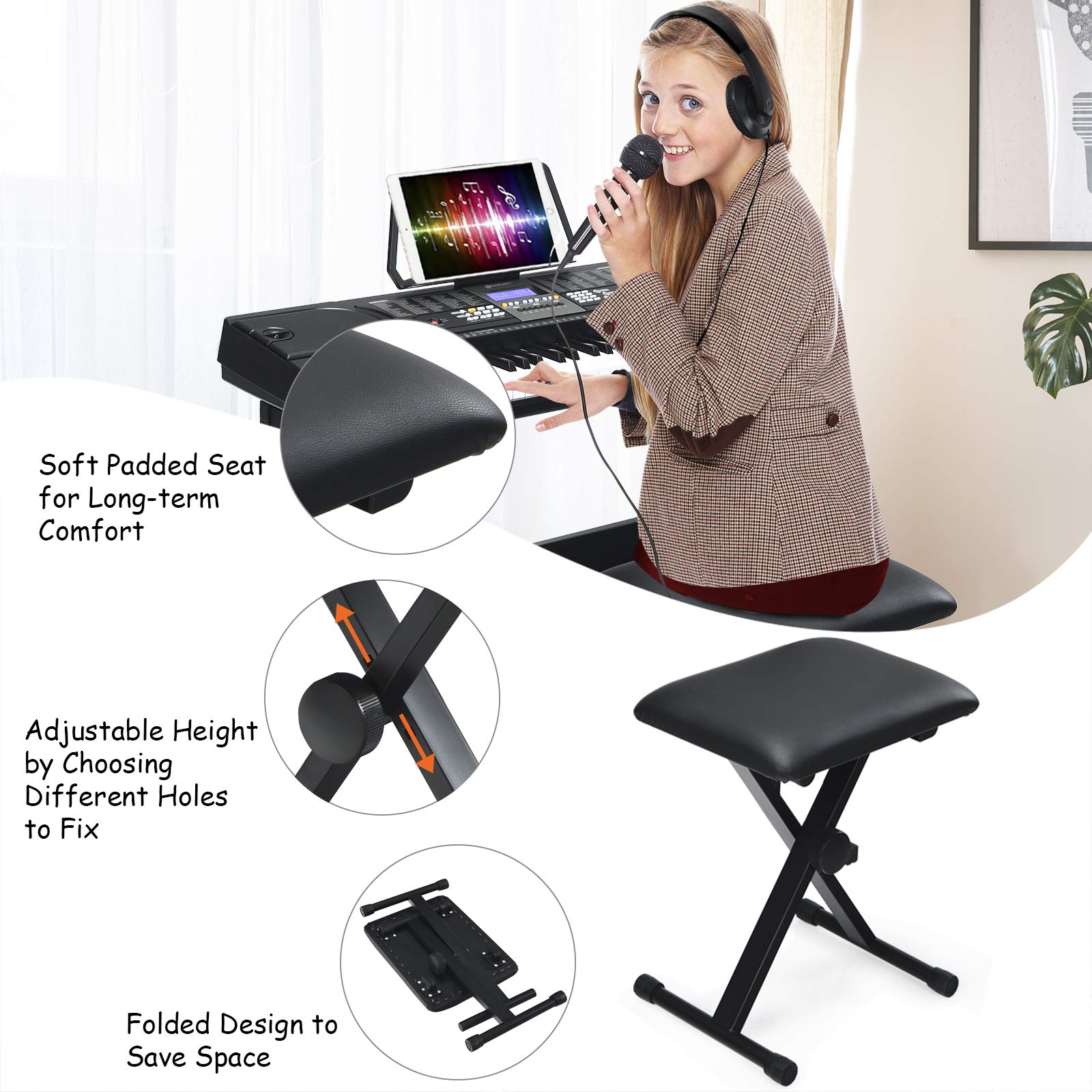 61-Key Portable Electronic Keyboard Piano w/ Stand & Stool, Complete Digital Piano Set w/ 300 Timbres