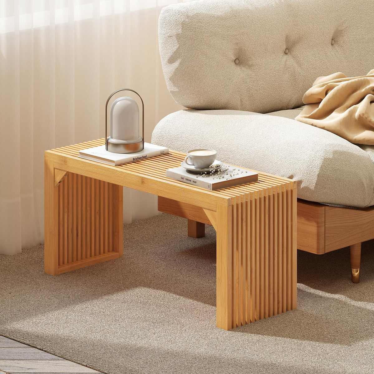 Bamboo Dining Bench, 90CM Long Entryway Bench, Indoor Outdoor Solid Wood Bench