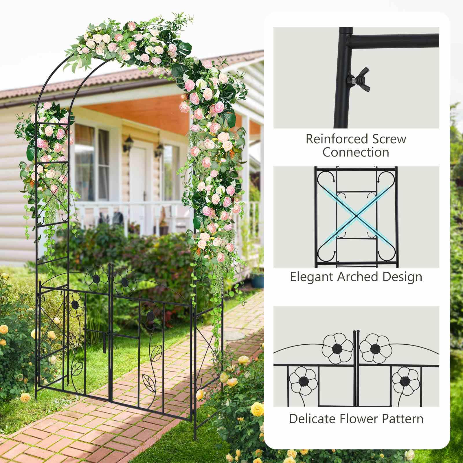 2 in 1 Garden Arbor, Decorative Wedding Arch w/ Door & Latch, Trellis for Climbing Plants