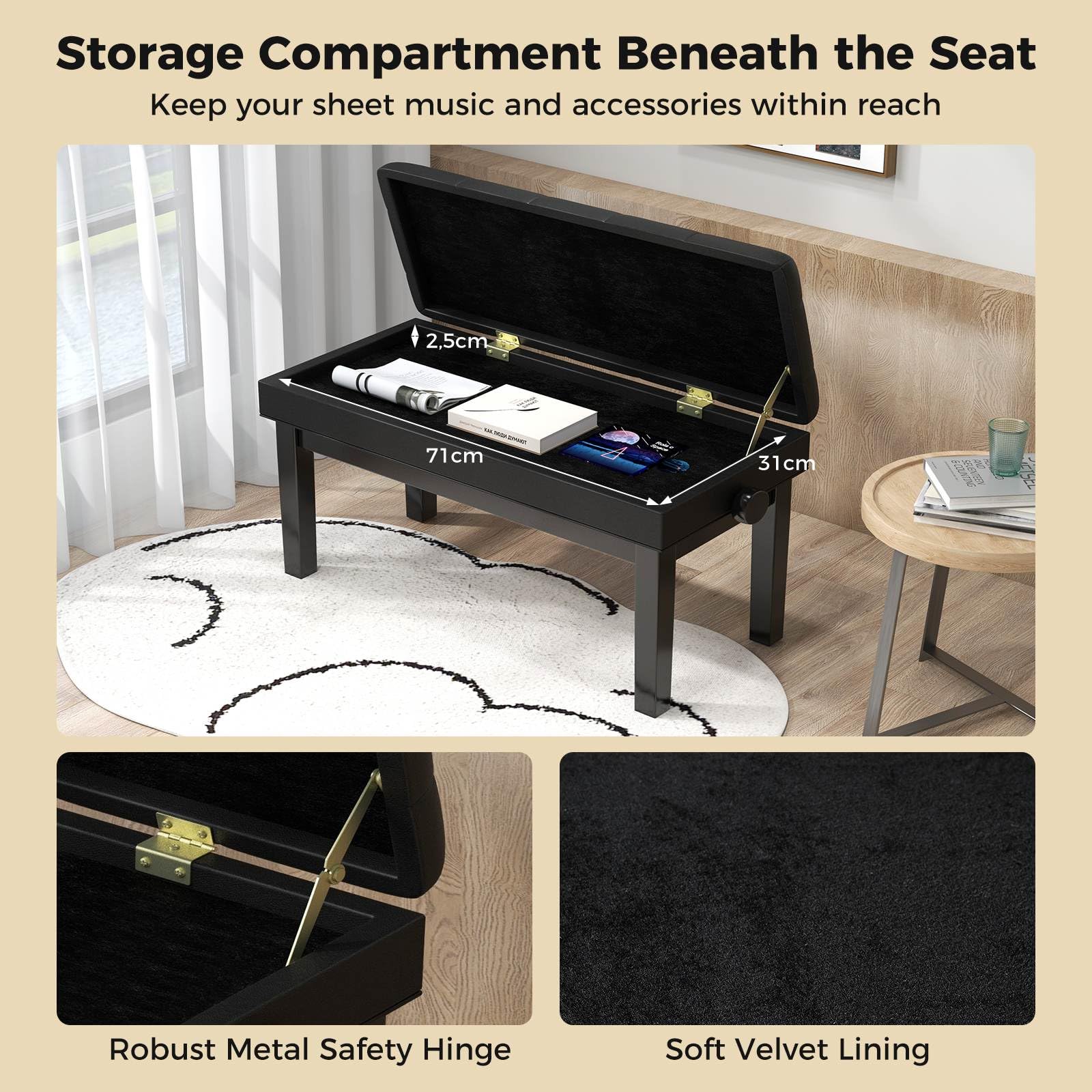 Wooden Piano Stool, Height Adjustable Duet Piano Bench with Storage