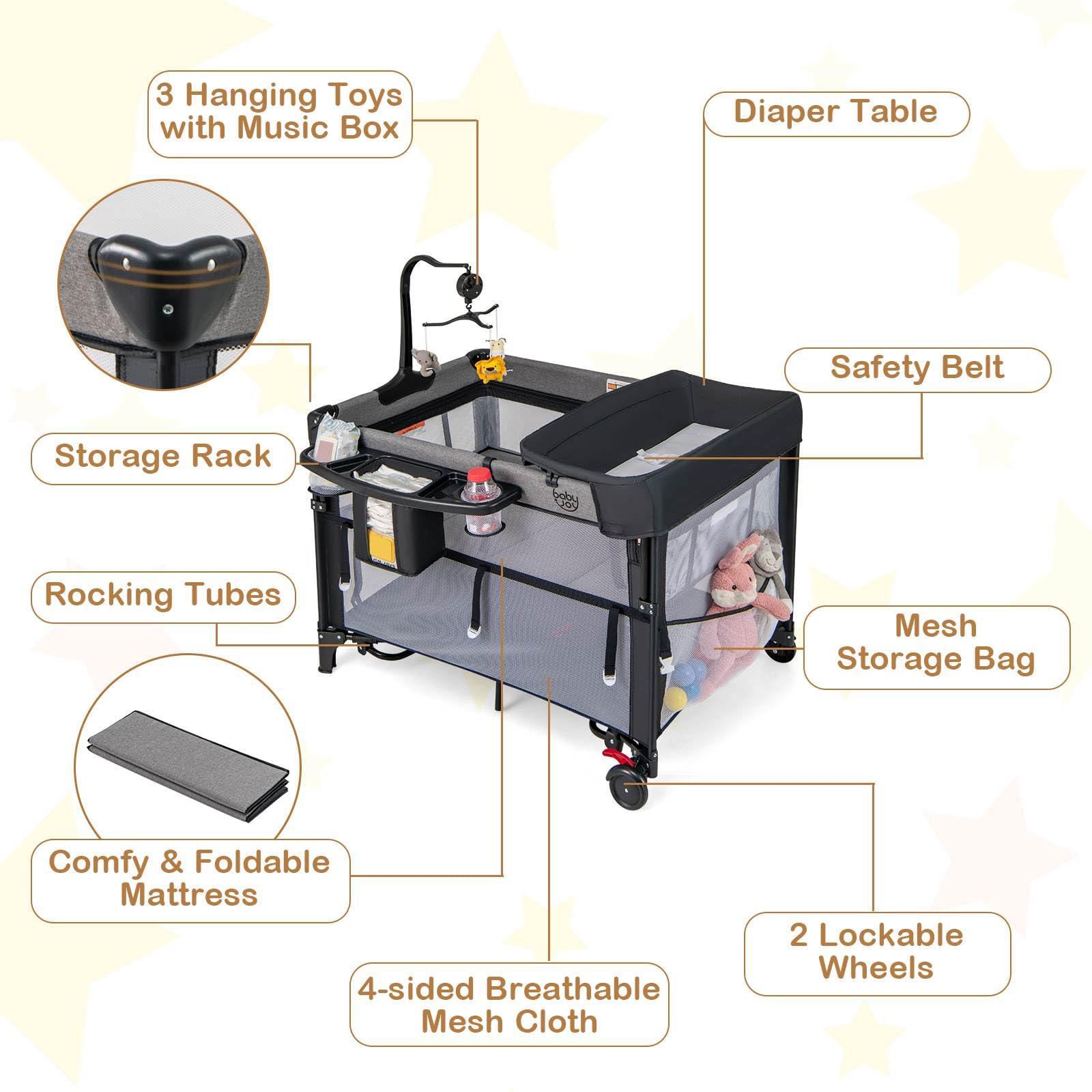5-in-1 Baby Pack and Play with 4-Level Adjustable Height and Changing Table