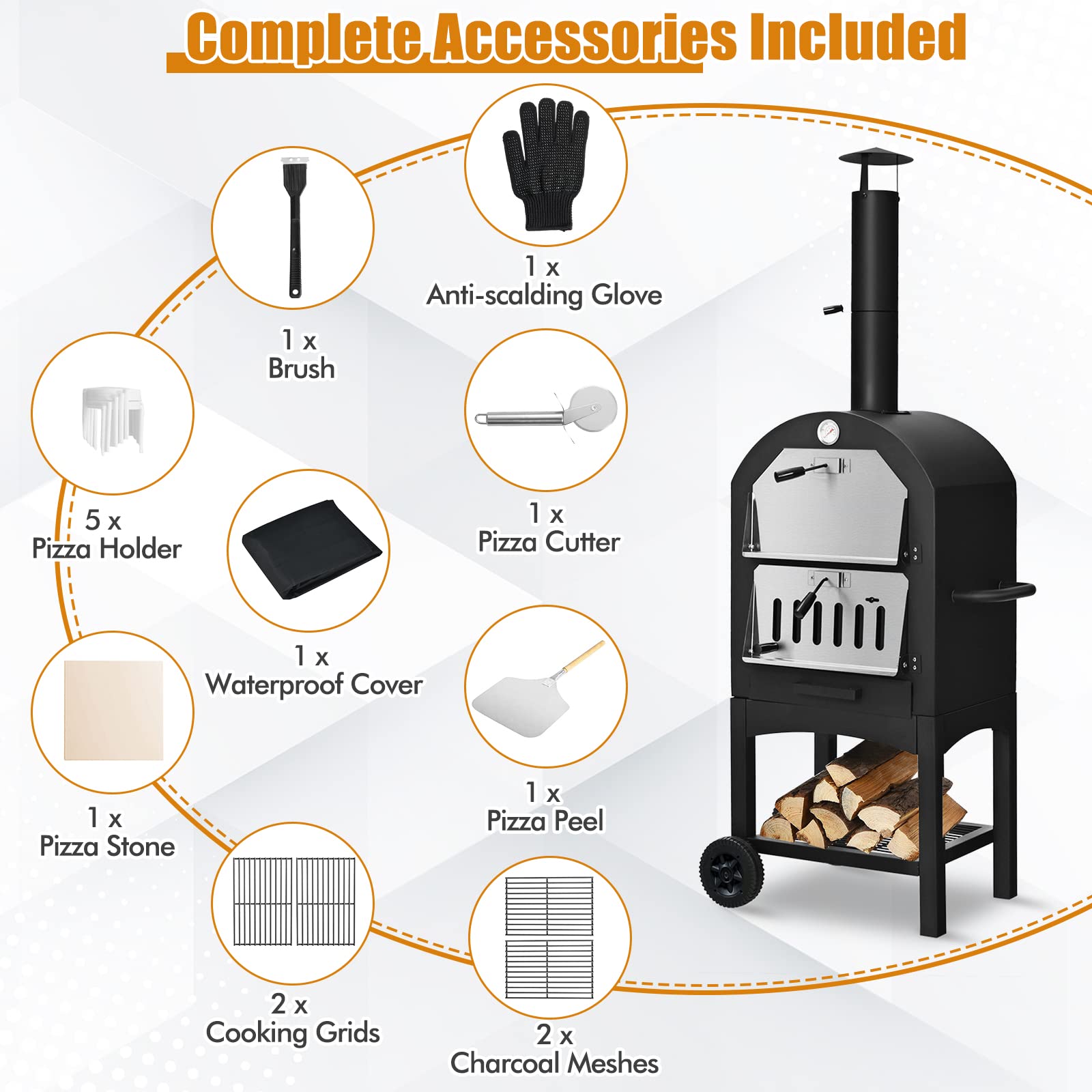 Portable Outdoor Pizza Oven, Patio Pizza Grill, Wood-fired Pizza Maker w/Pizza Stone, Waterproof Cover and Pizza Peel