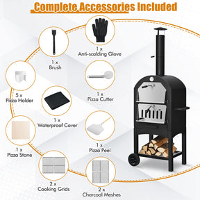 Portable Outdoor Pizza Oven, Patio Pizza Grill, Wood-fired Pizza Maker w/Pizza Stone, Waterproof Cover and Pizza Peel