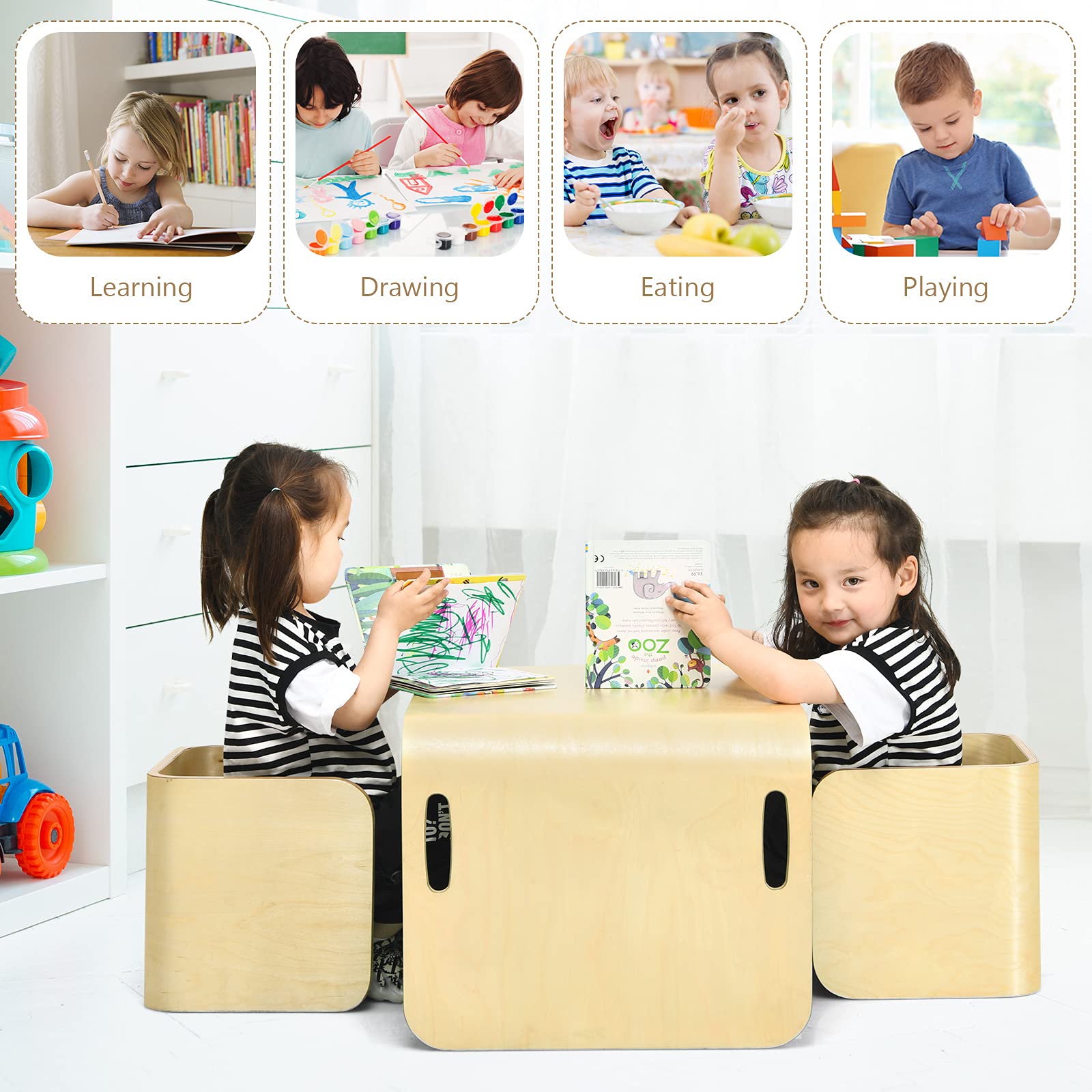HONEY JOY Kids Table and Chair Set, 3 Pieces Wooden Activity Table Bench w/Storage Shelves