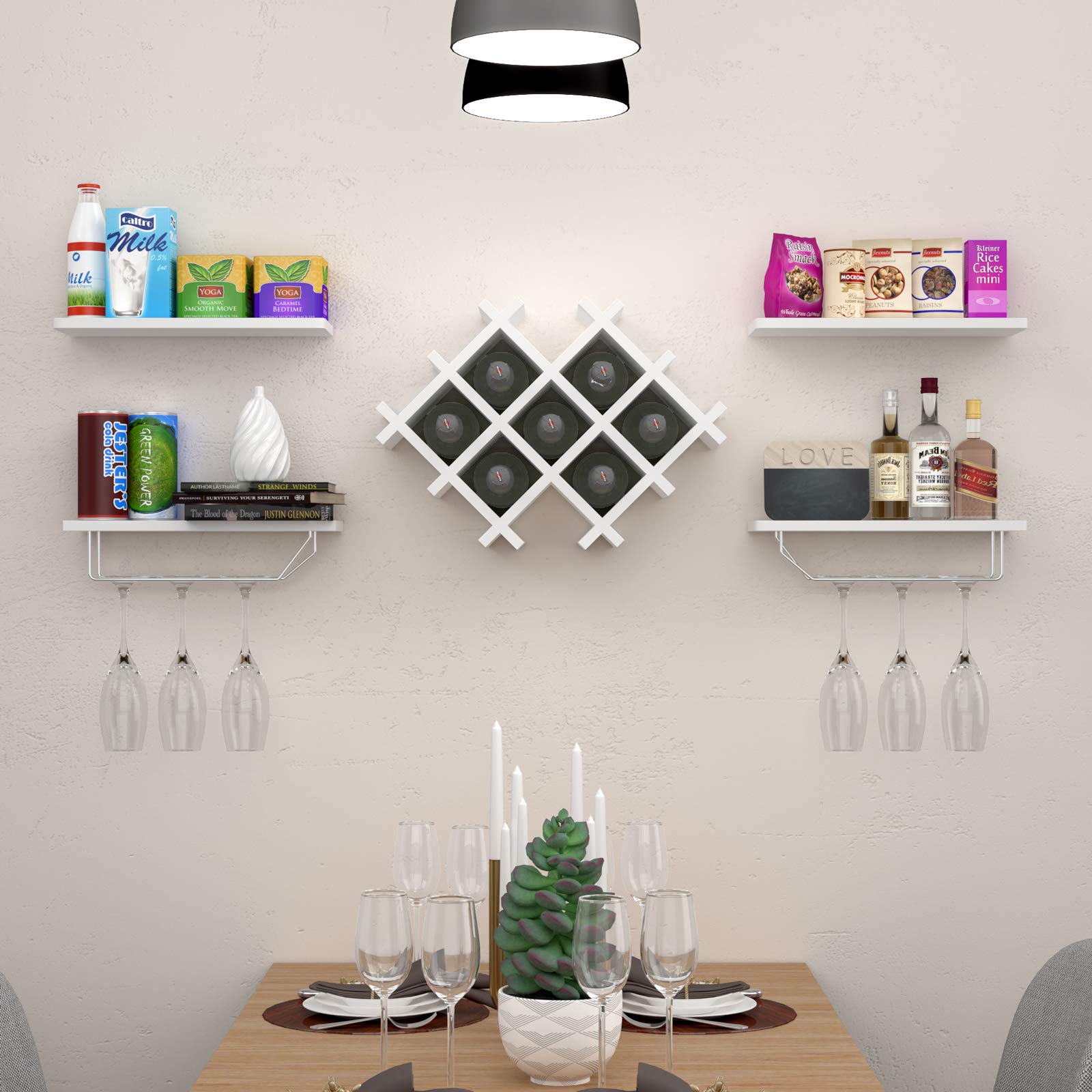 Giantex Set of 5 Wall Mounted Wine Rack Set w/Storage Shelves and Glass Holder