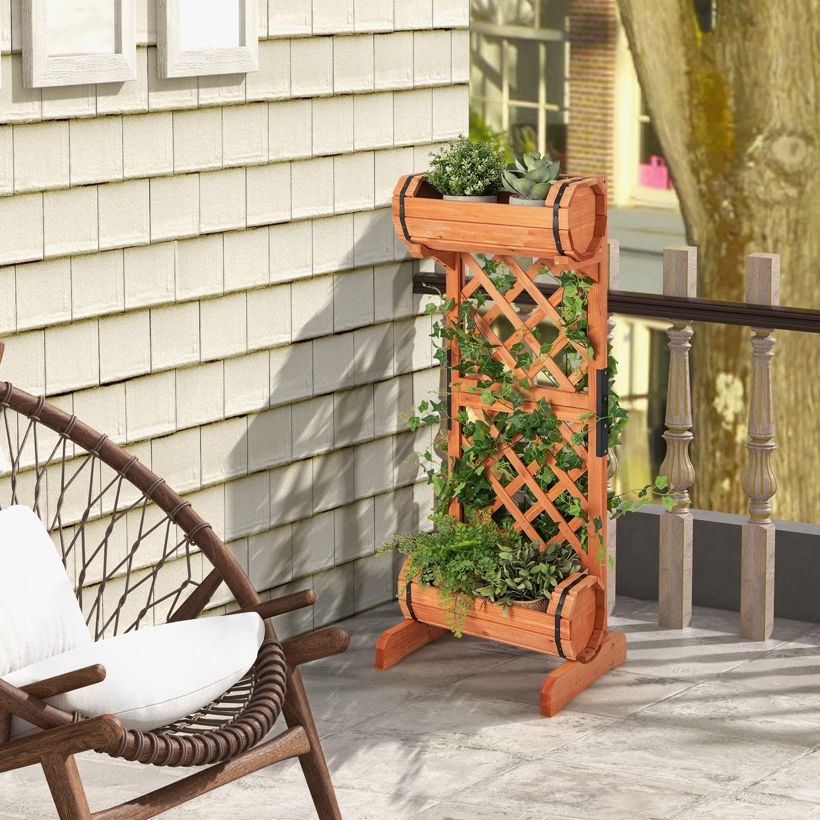 Giantex Raised Garden Bed with 2 Cylindrical Planter Boxes & Trellis