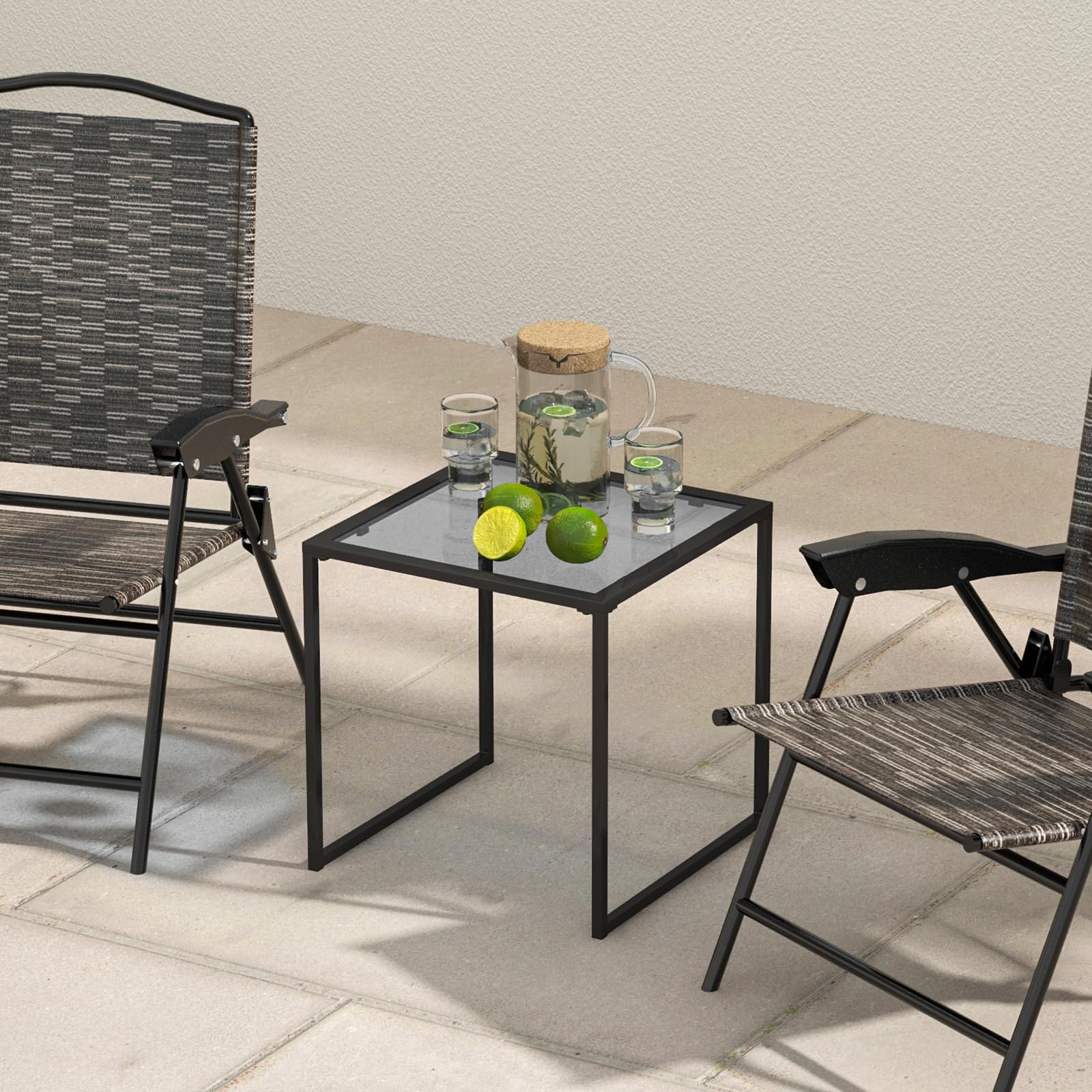 Patio Tempered Glass End Table with Metal Frame for Poolside