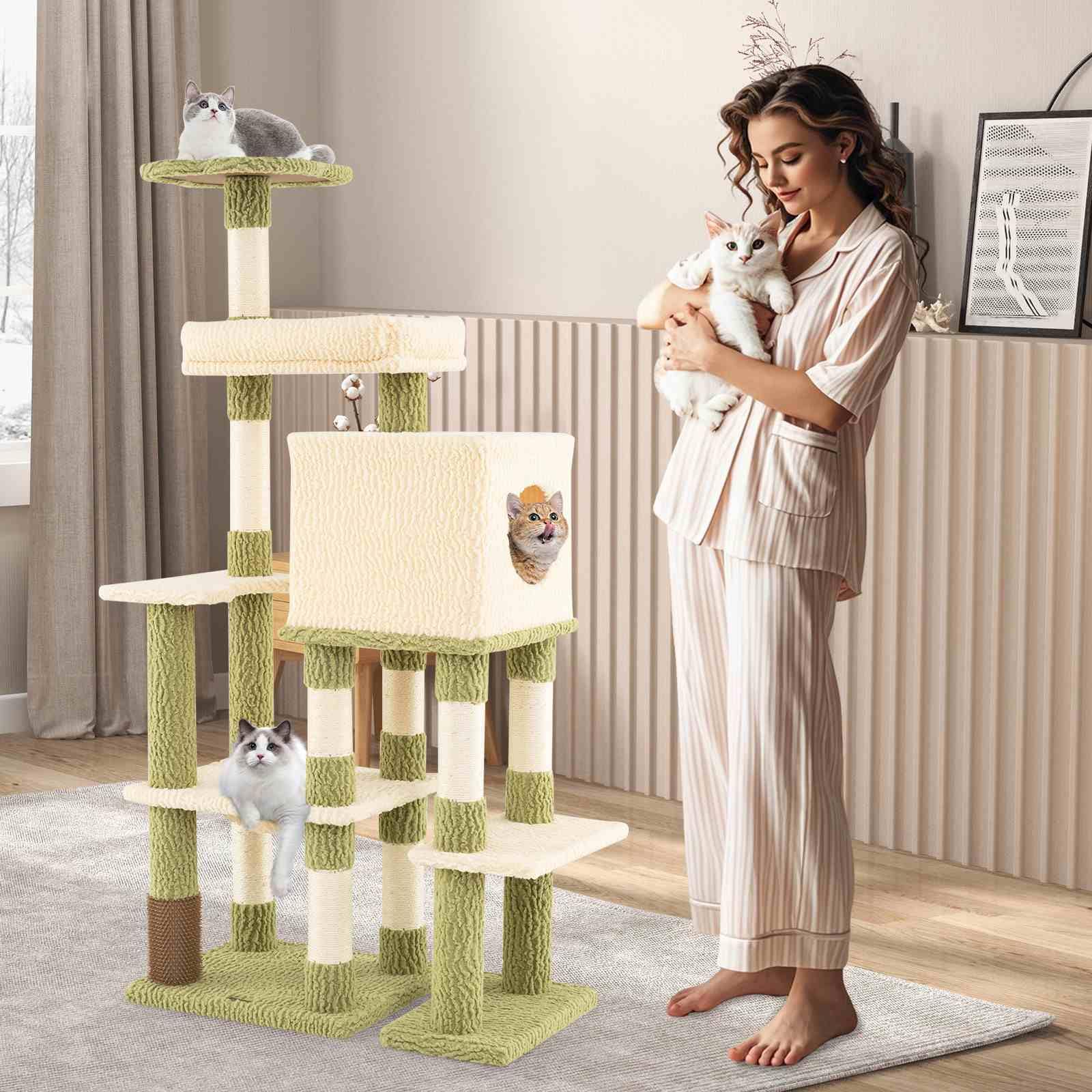 Tall Cat Tree, Multi-Level Cat Tower w/Private Condo, Cat Self-Grooming Brush & Scratching Posts