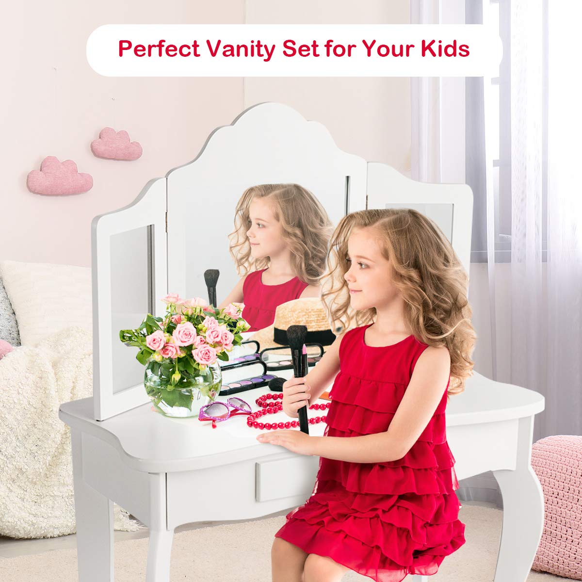 2 in 1 Kids Vanity Table & Chair Set, Princess Makeup Dressing Table with Drawer & Tri-Folding Mirror