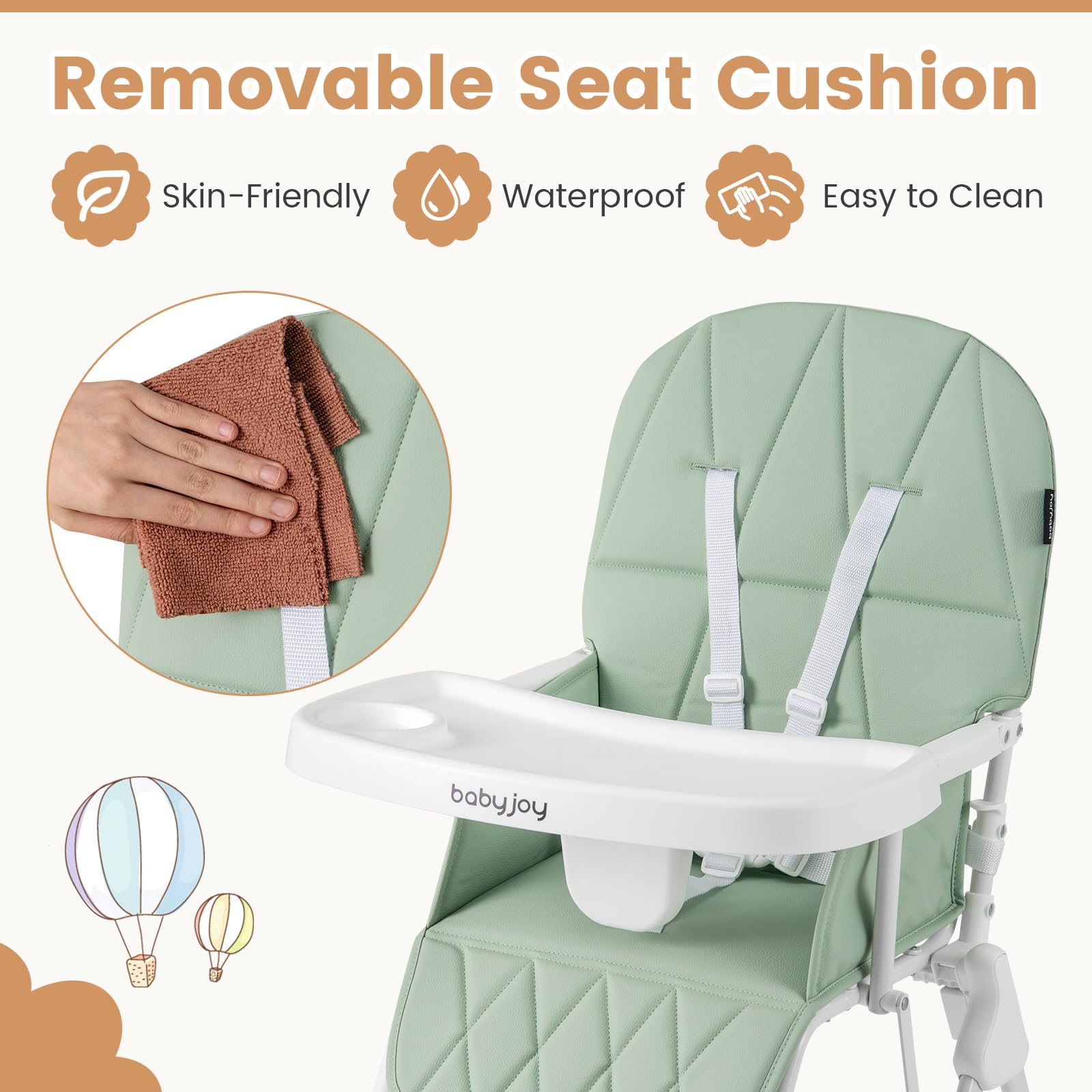 BABY JOY Foldable High Chair, Easy Clean Compact Highchair with Removable Adjustable Tray and PU Seat Cushion