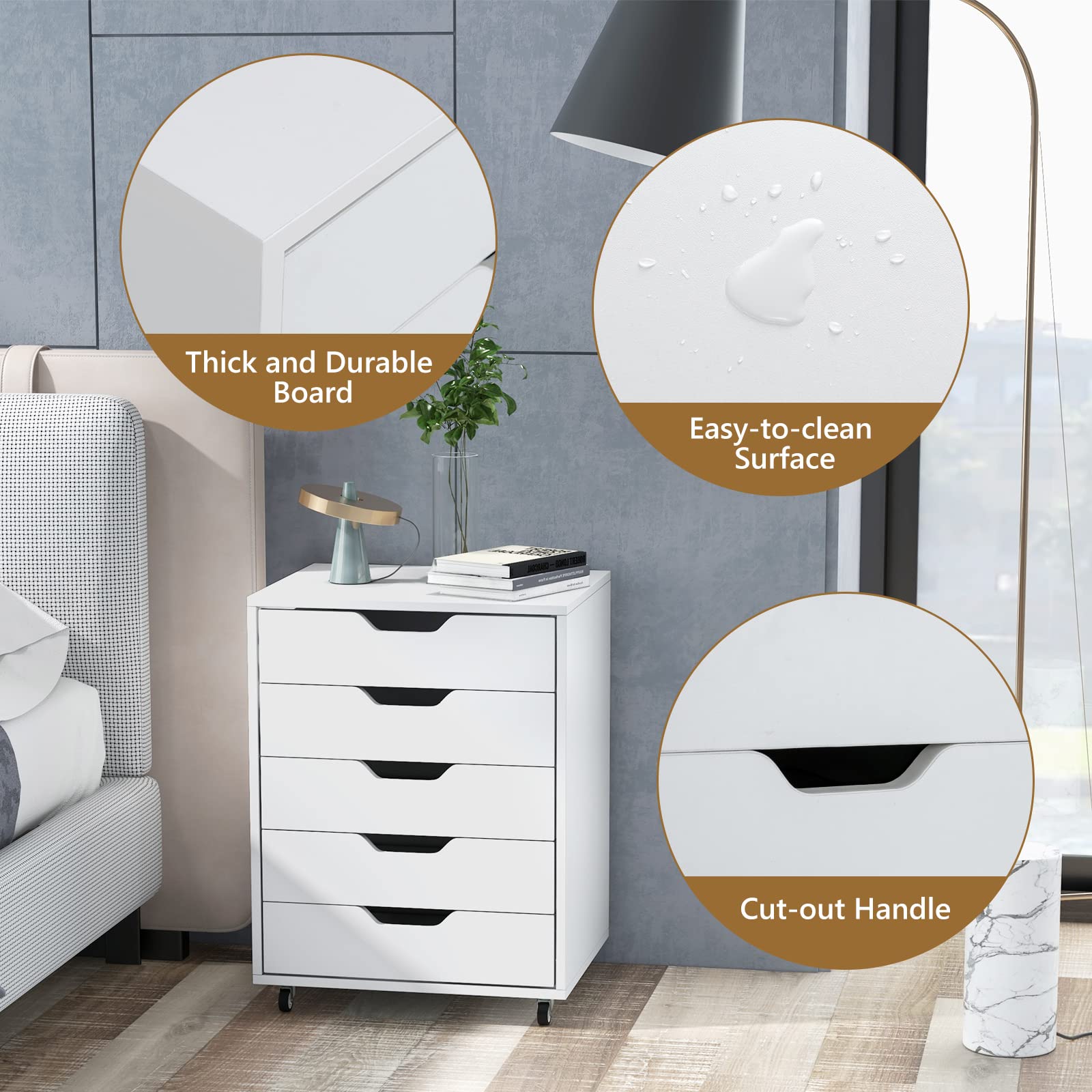 5-Drawer Chest of Drawers Wooden Dresser Chest, Mobile Lateral Filing Cabinet with Wheels