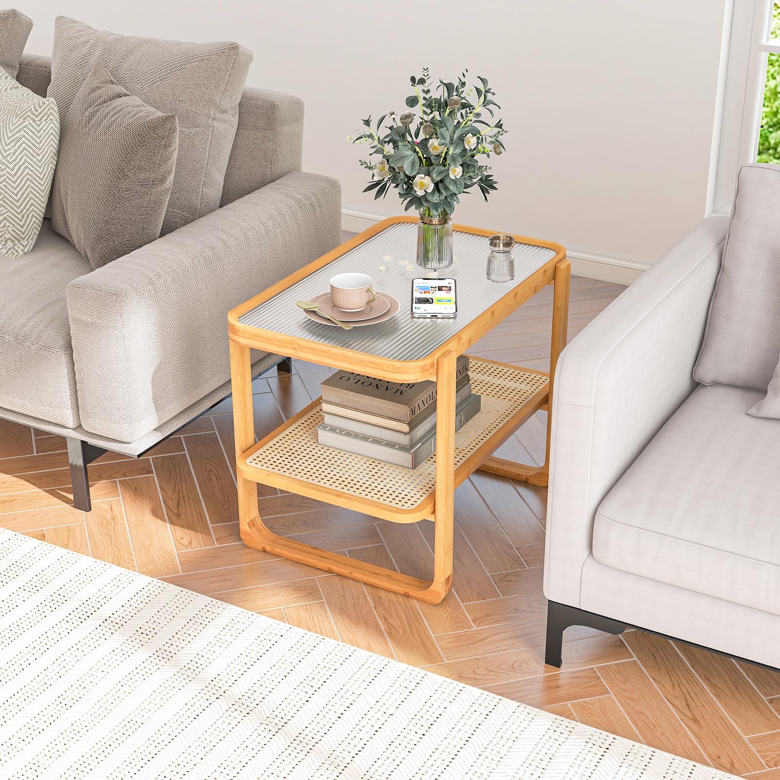 Giantex 2-Tier Bamboo Side Table w/Glass Top, End Table