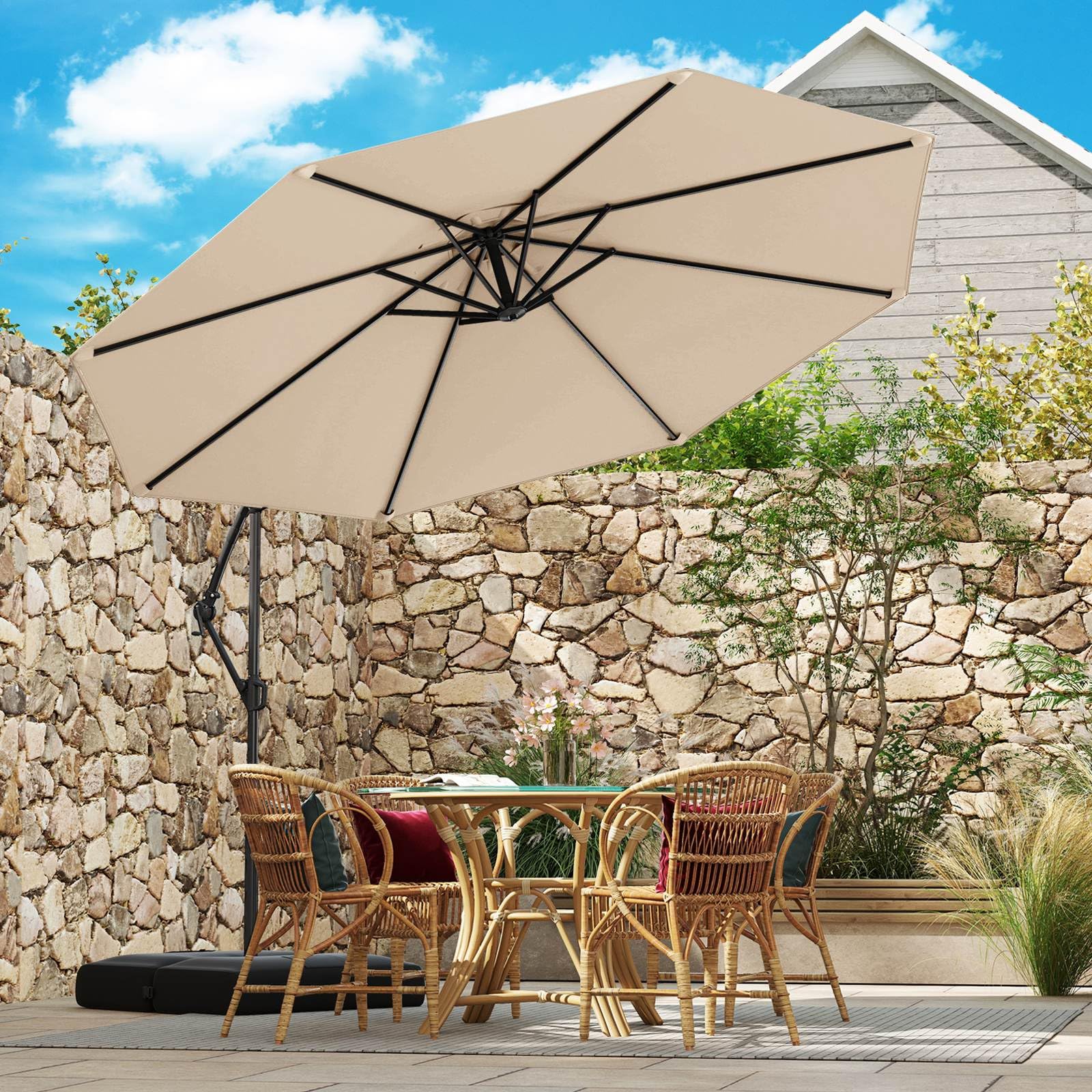 3M Offset Hanging Umbrella with Base Patio Cantilever Umbrella