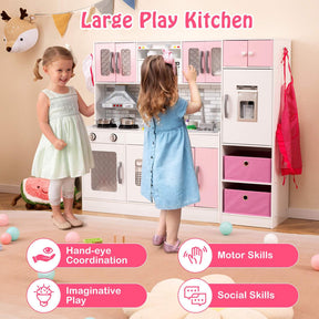 Kids Kitchen Playset with Lights and Sounds, 2-Piece Modular Wooden Play Kitchen w/Water Circulation
