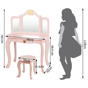 Kids Vanity Dressing Table Stool Set, Children Makeup Table Set, 2 In 1 Kids Dresser for Kids Room