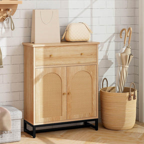Giantex Accent Floor Storage Cabinet w/Rattan Doors & Drawer, Sideboard Buffet Cabinet Coffee Bar