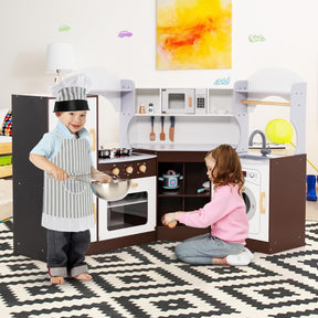 Corner Play Kitchen, Toddler Kitchen Playset with Ice Maker, Microwave, Oven, Sink, Washing Machine, Towel Rack & Sweet Accessories