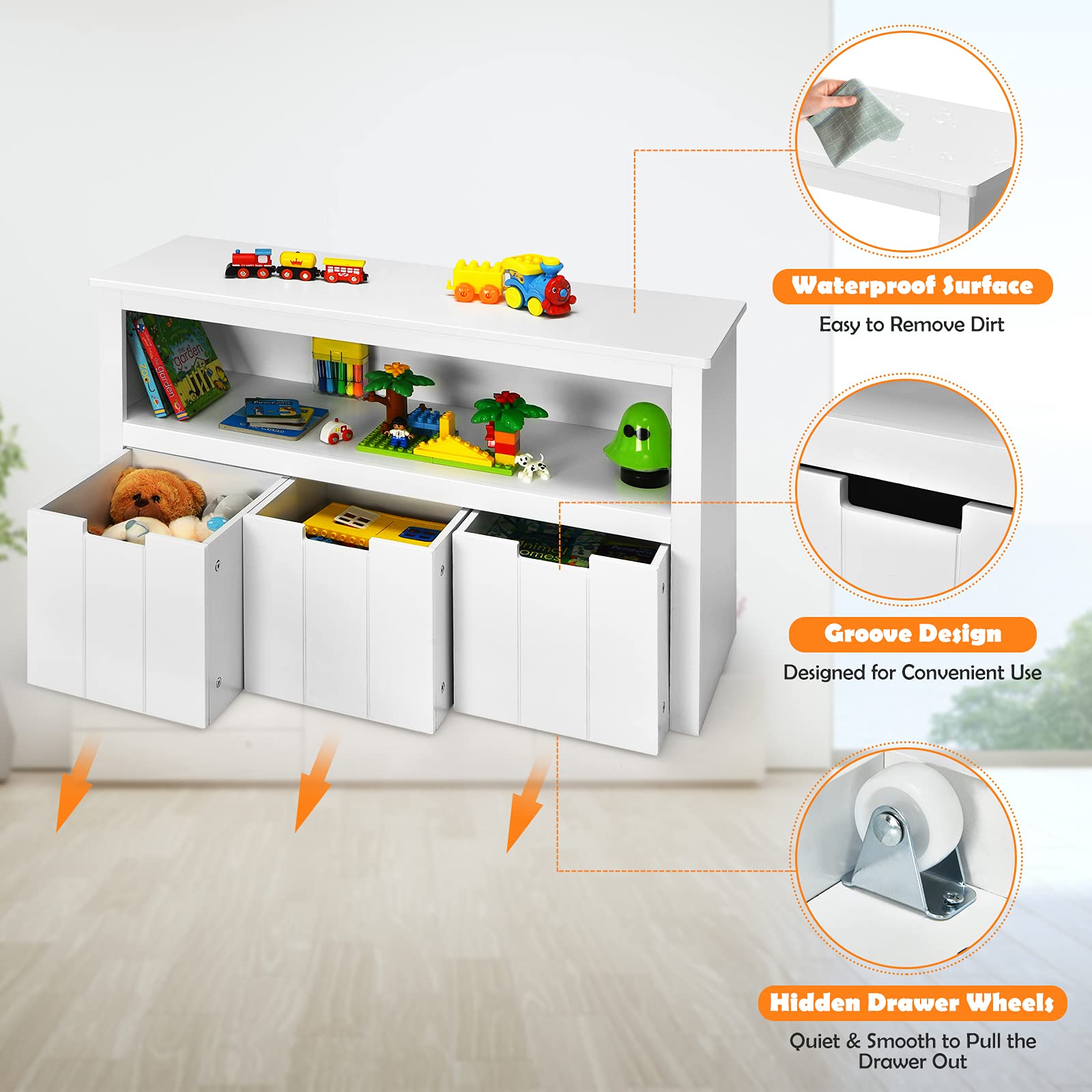 BABY JOY Kids Toy Storage Cabinet with 3 Removable Drawers, Rolling Wheels & Open Shelf
