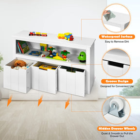 BABY JOY Kids Toy Storage Cabinet with 3 Removable Drawers, Rolling Wheels & Open Shelf