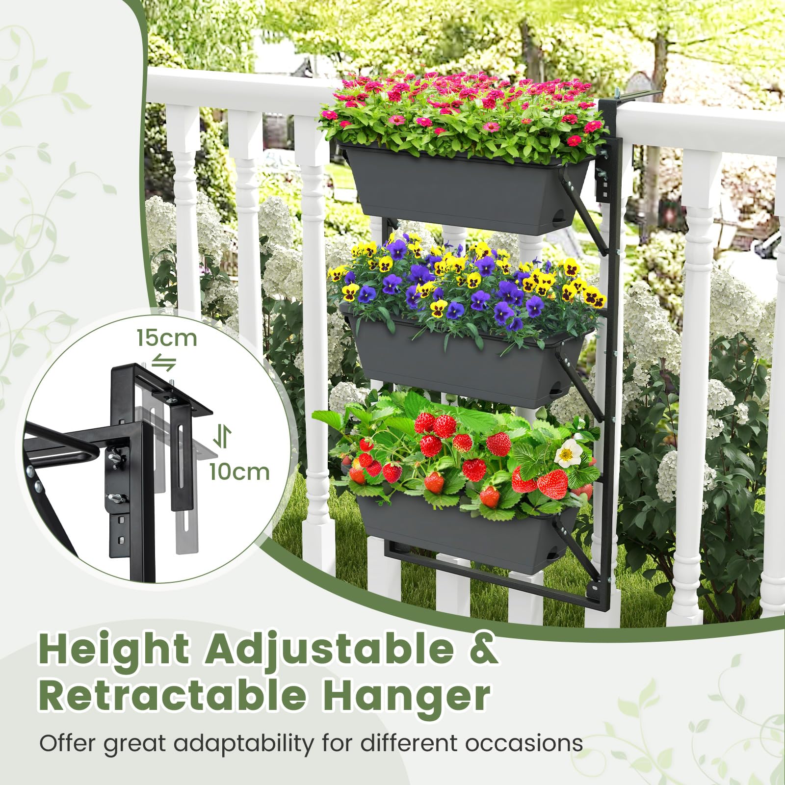 Hanging Vertical Planter, Self-Watering Wall-Mounted Adjustable Railing Planter with 3 Planter Boxes & Detachable Hooks for Flowers
